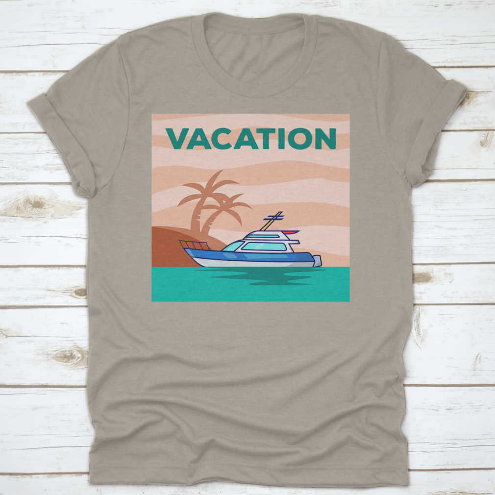 A stylish Yacht In The Ocean shirt featuring a beautiful view of a yacht with palm trees, perfect for vacation wear.