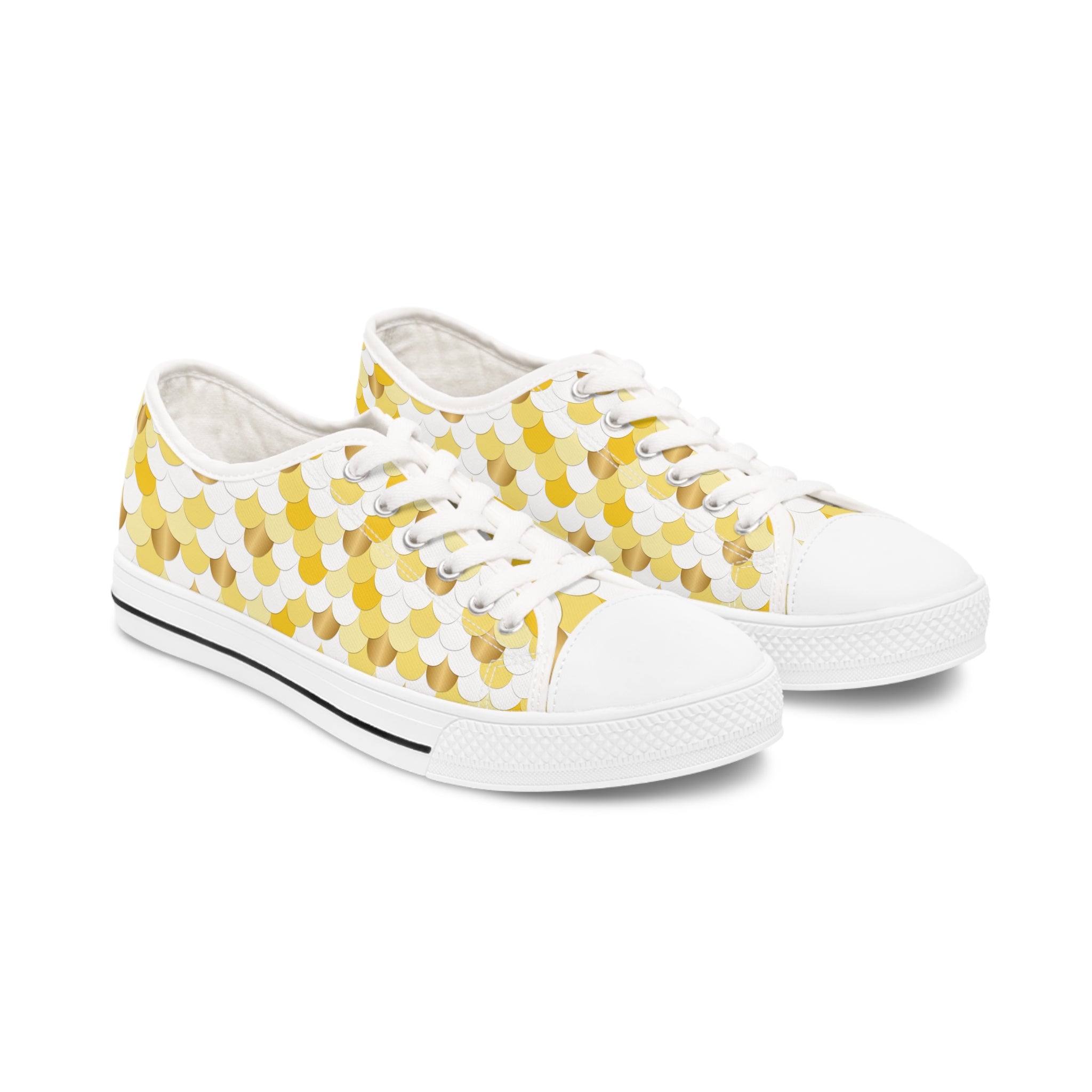 A pair of stylish Yellow and White Fish Women's Low Top Sneakers featuring breathable canvas and memory foam insoles.