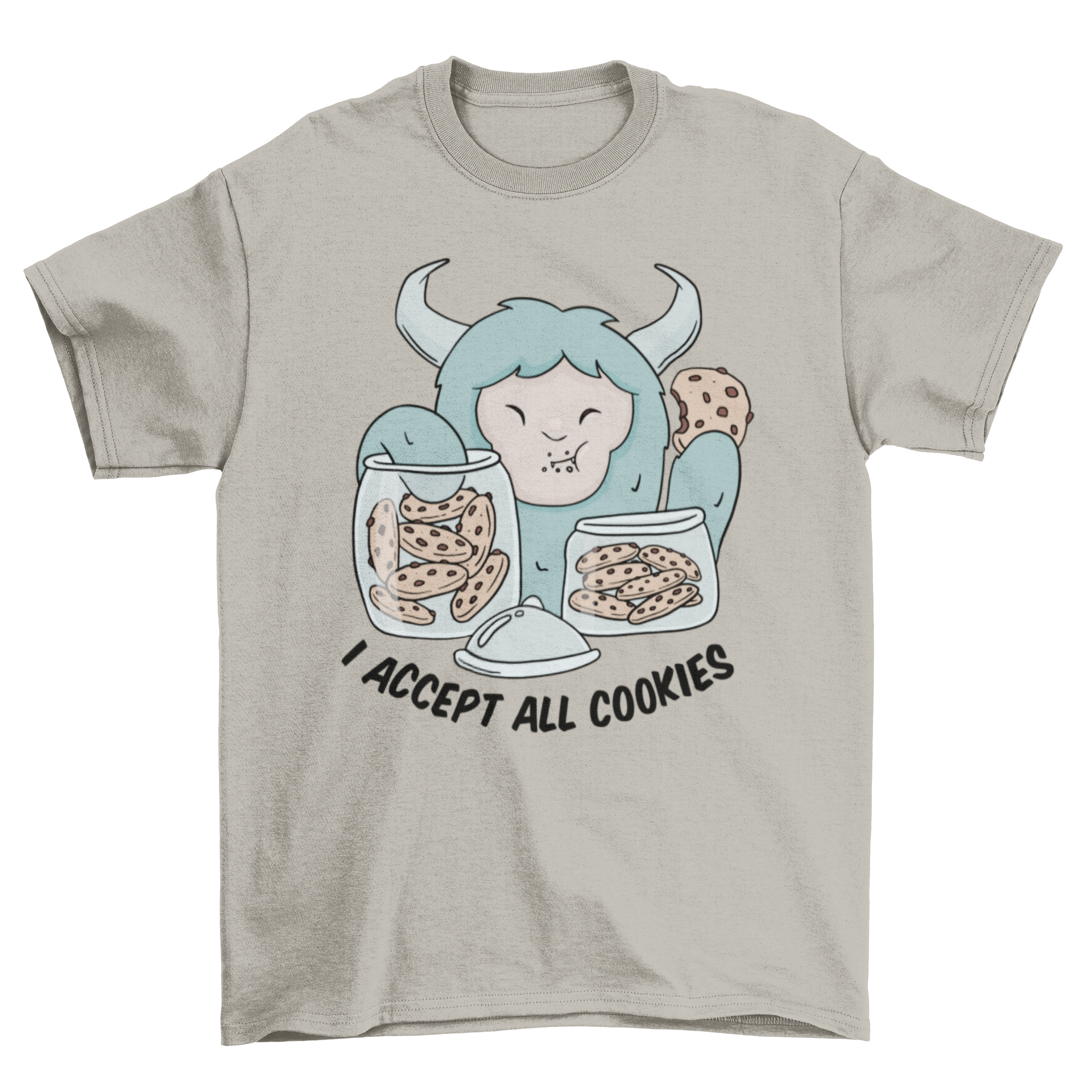 Cartoon-style Yeti monster happily eating cookies with a humorous quote.