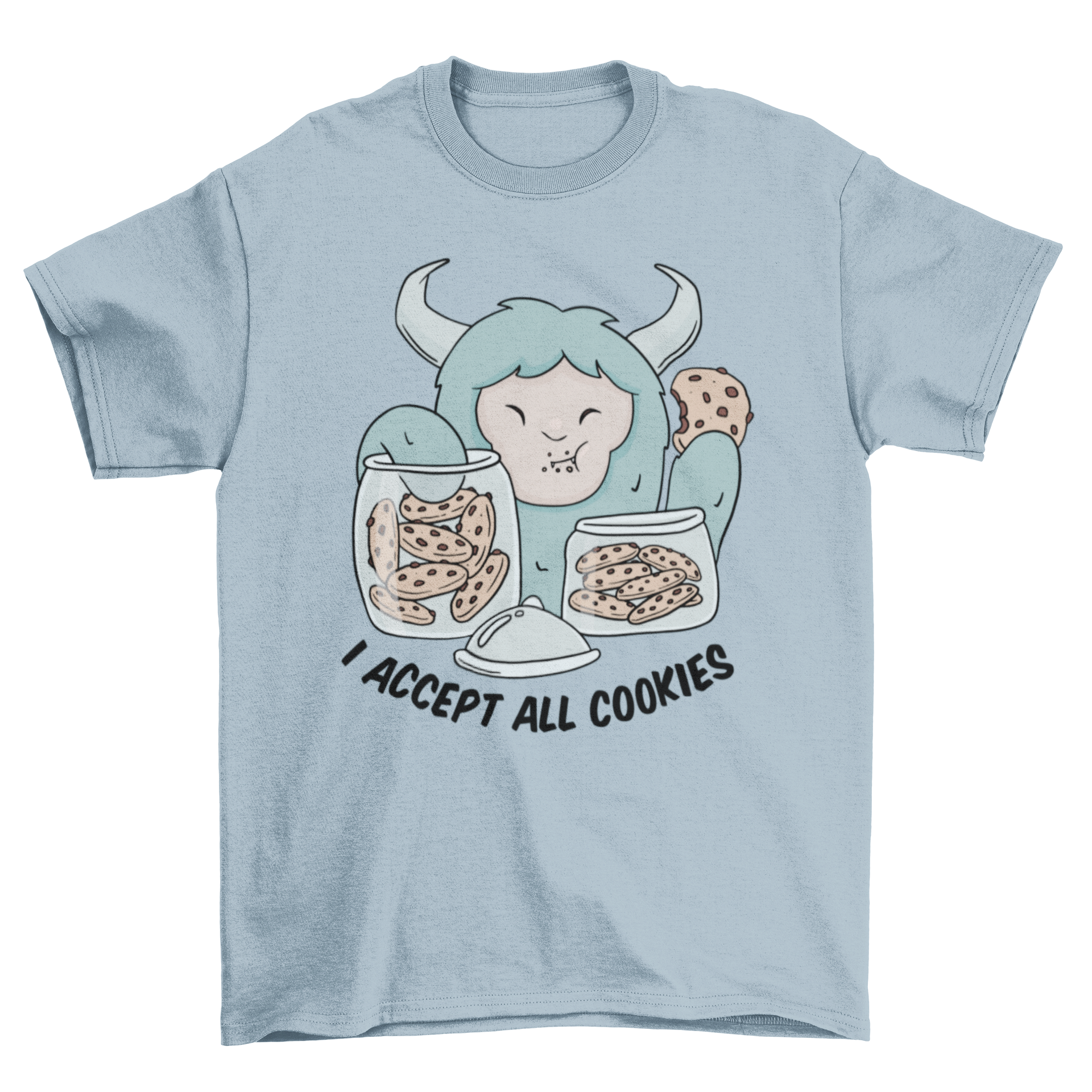 Cartoon-style Yeti monster happily eating cookies with a humorous quote.