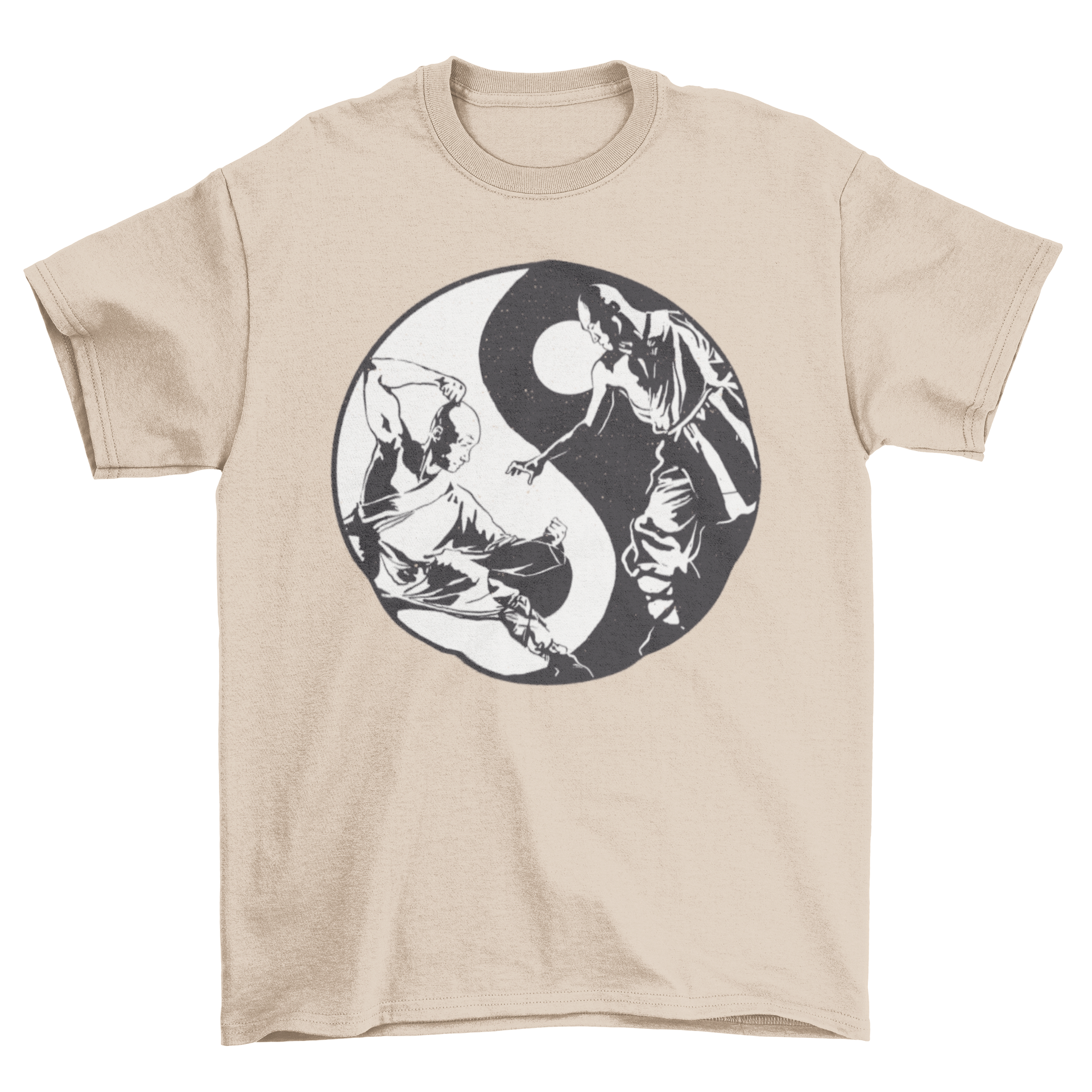 Yin Yang martial arts t-shirt featuring two fighters in action against a yin yang background.