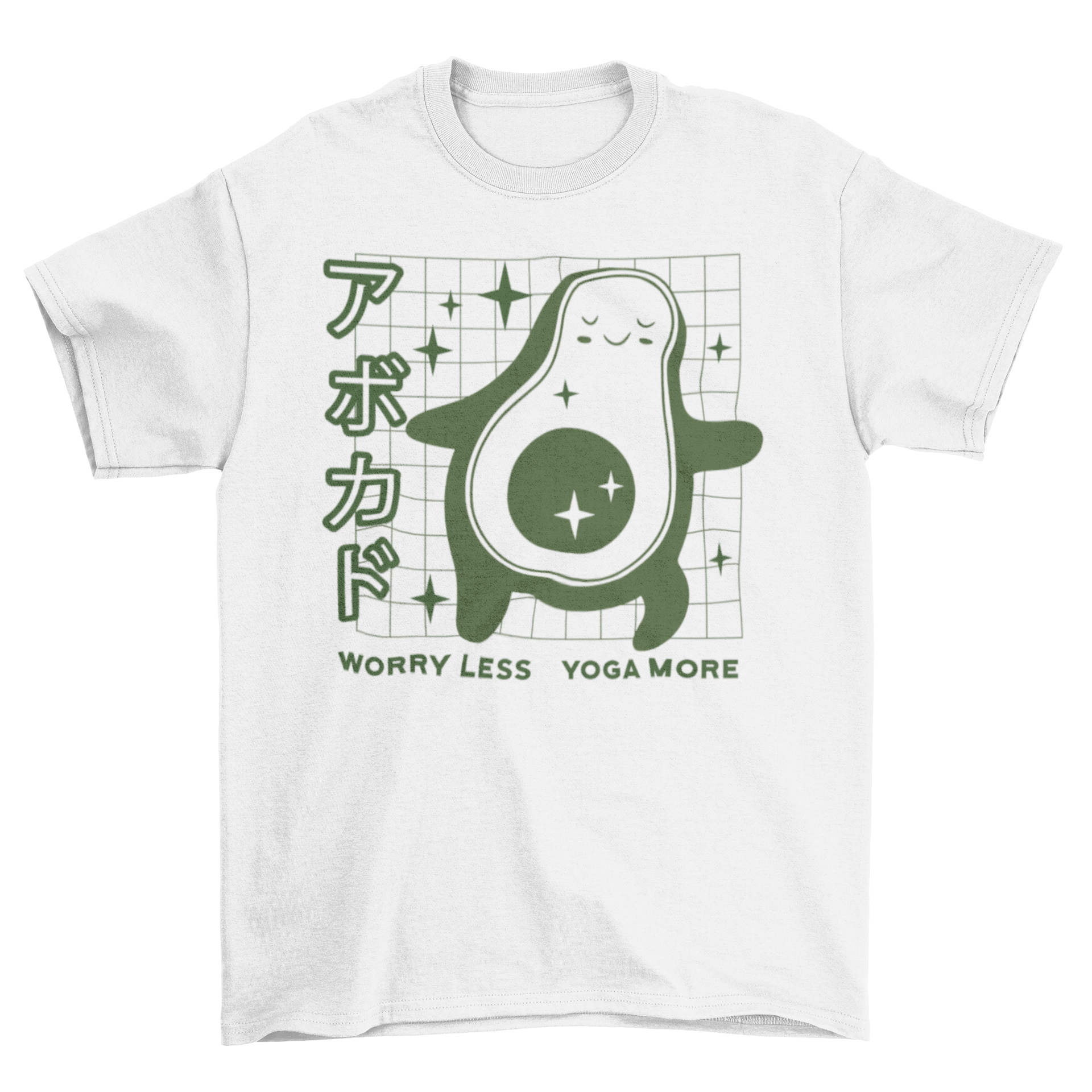 A stylish t-shirt featuring a fun avocado graphic and the quote 'Worry less, yoga more' designed for yoga enthusiasts.