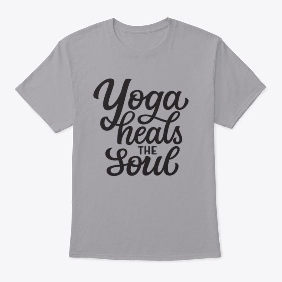 A hand-drawn quote 'Yoga Heals The Soul' printed on a white cotton t-shirt, showcasing a stylish and inspirational design.