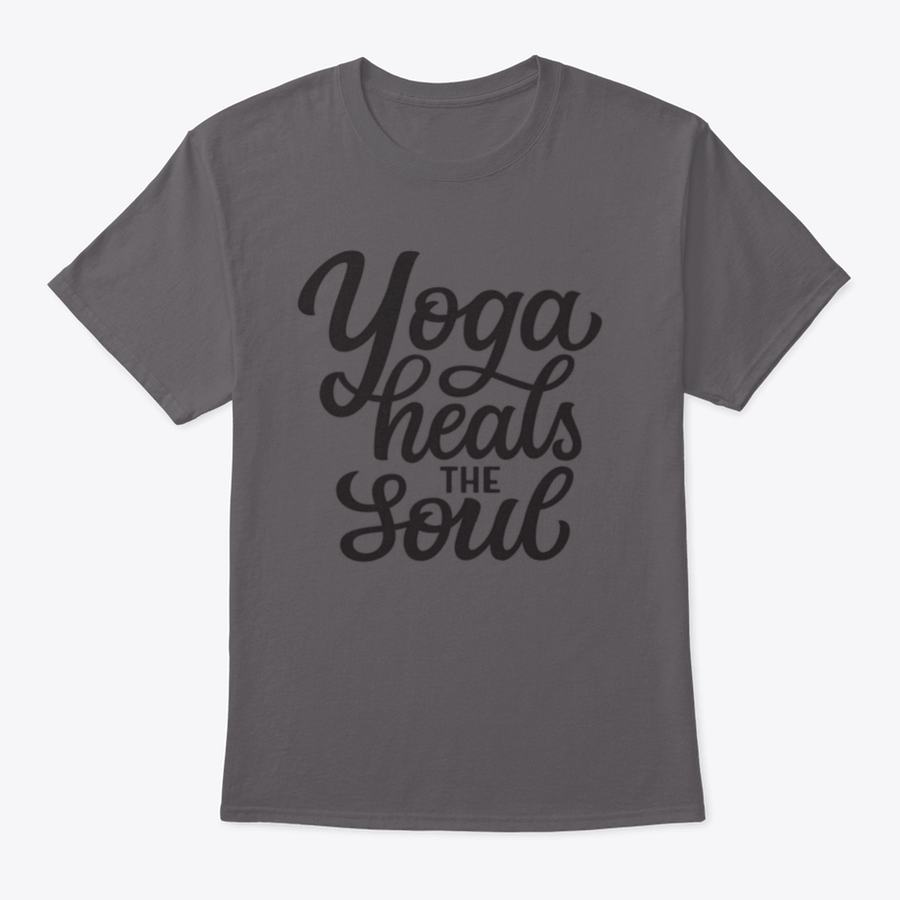 A hand-drawn quote 'Yoga Heals The Soul' printed on a white cotton t-shirt, showcasing a stylish and inspirational design.