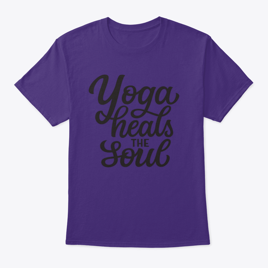 A hand-drawn quote 'Yoga Heals The Soul' printed on a white cotton t-shirt, showcasing a stylish and inspirational design.