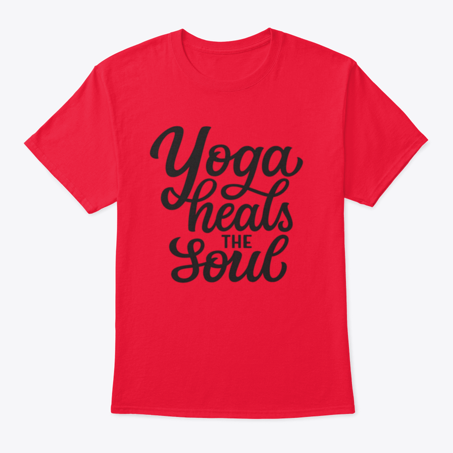 A hand-drawn quote 'Yoga Heals The Soul' printed on a white cotton t-shirt, showcasing a stylish and inspirational design.