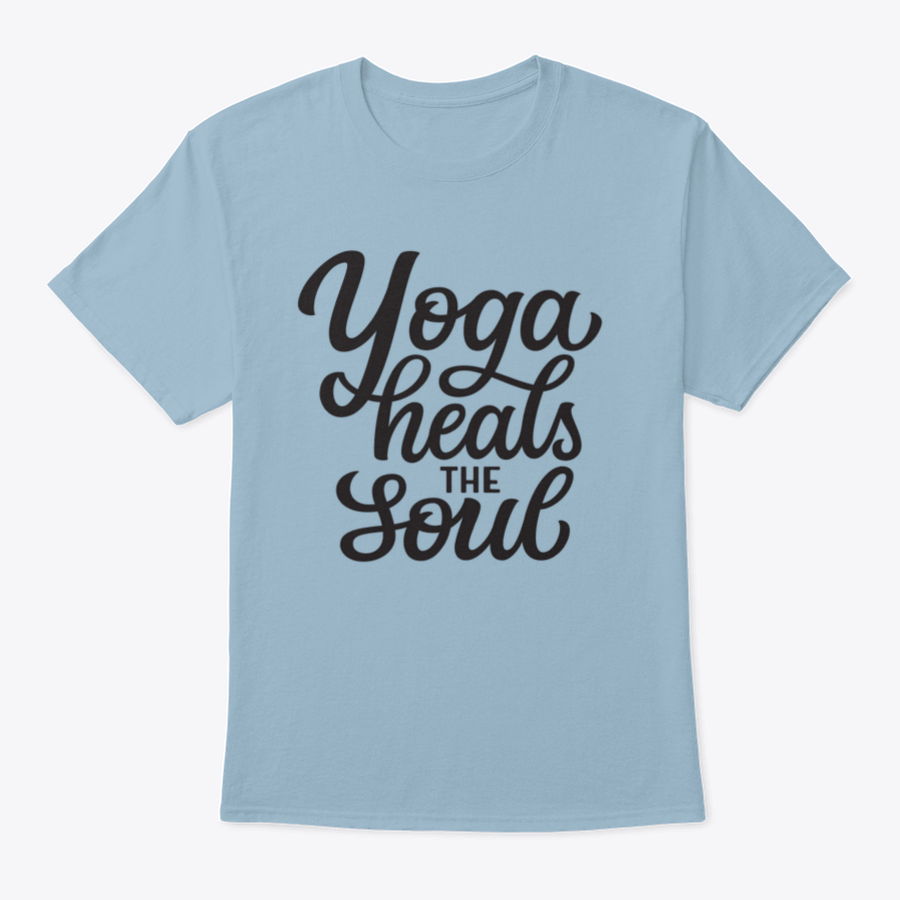 A hand-drawn quote 'Yoga Heals The Soul' printed on a white cotton t-shirt, showcasing a stylish and inspirational design.
