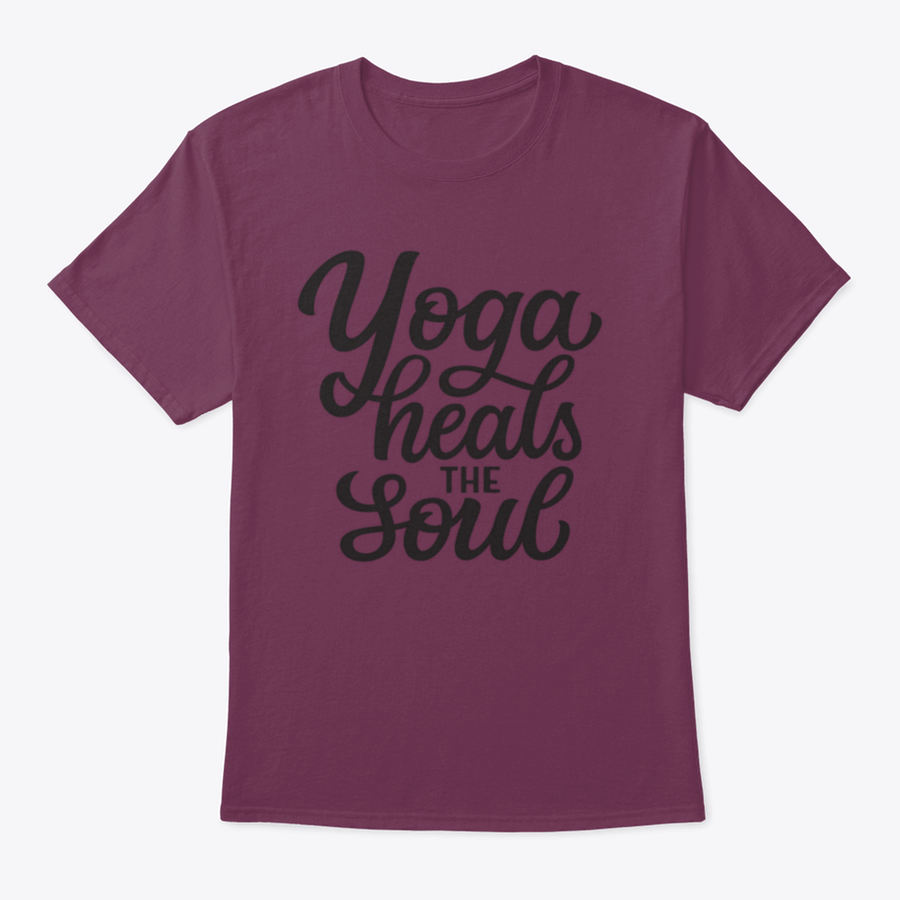 A hand-drawn quote 'Yoga Heals The Soul' printed on a white cotton t-shirt, showcasing a stylish and inspirational design.