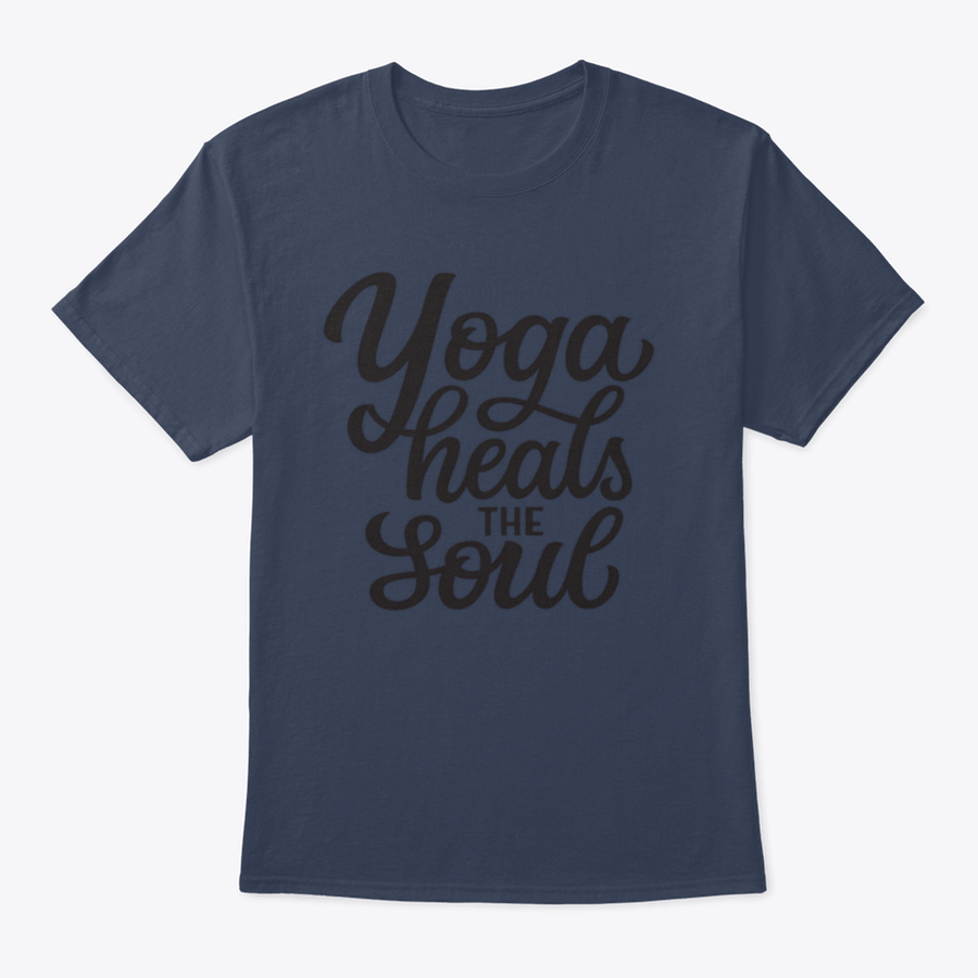 A hand-drawn quote 'Yoga Heals The Soul' printed on a white cotton t-shirt, showcasing a stylish and inspirational design.