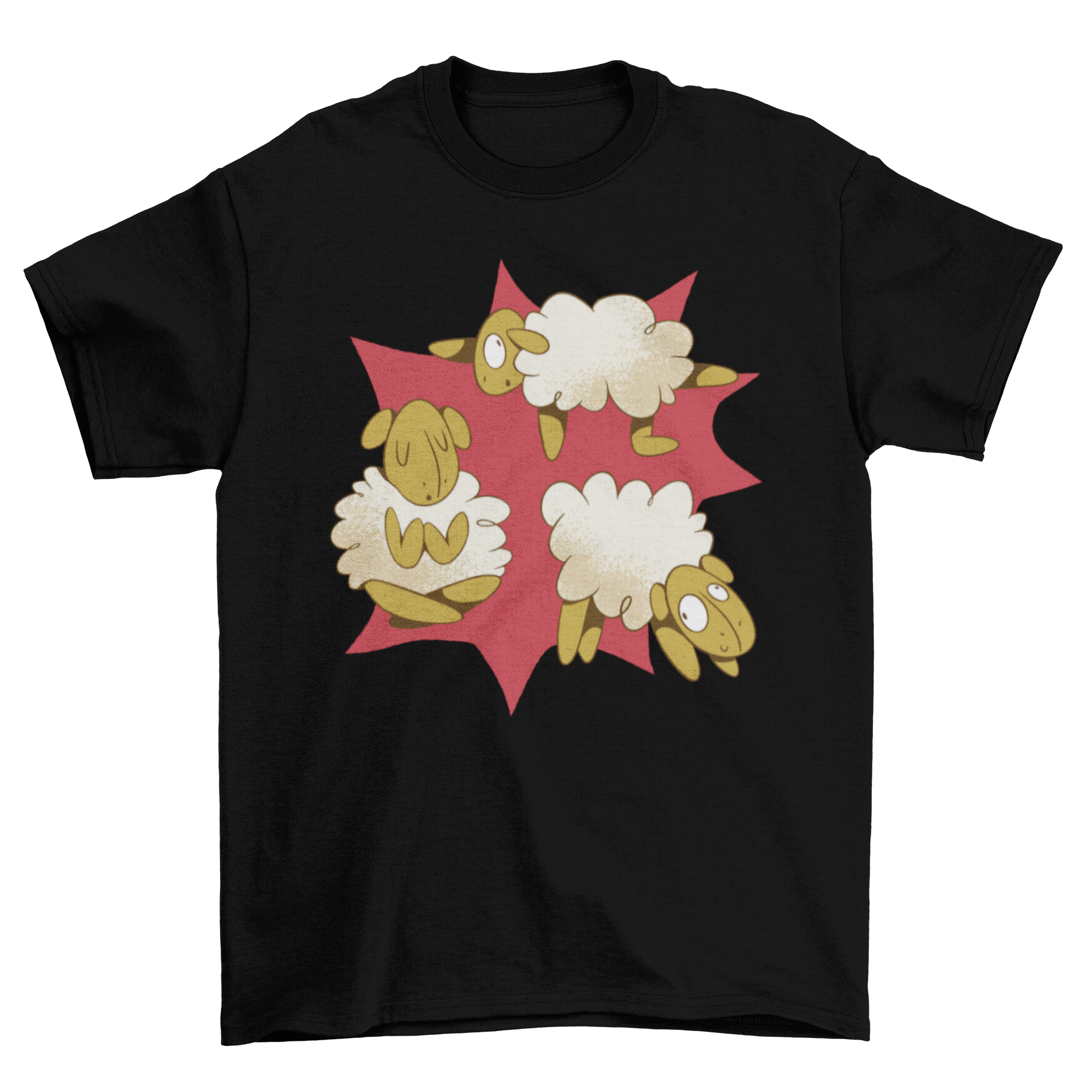 A playful Yoga Sheep T-Shirt featuring cartoon sheep in various yoga poses, perfect for yoga lovers.