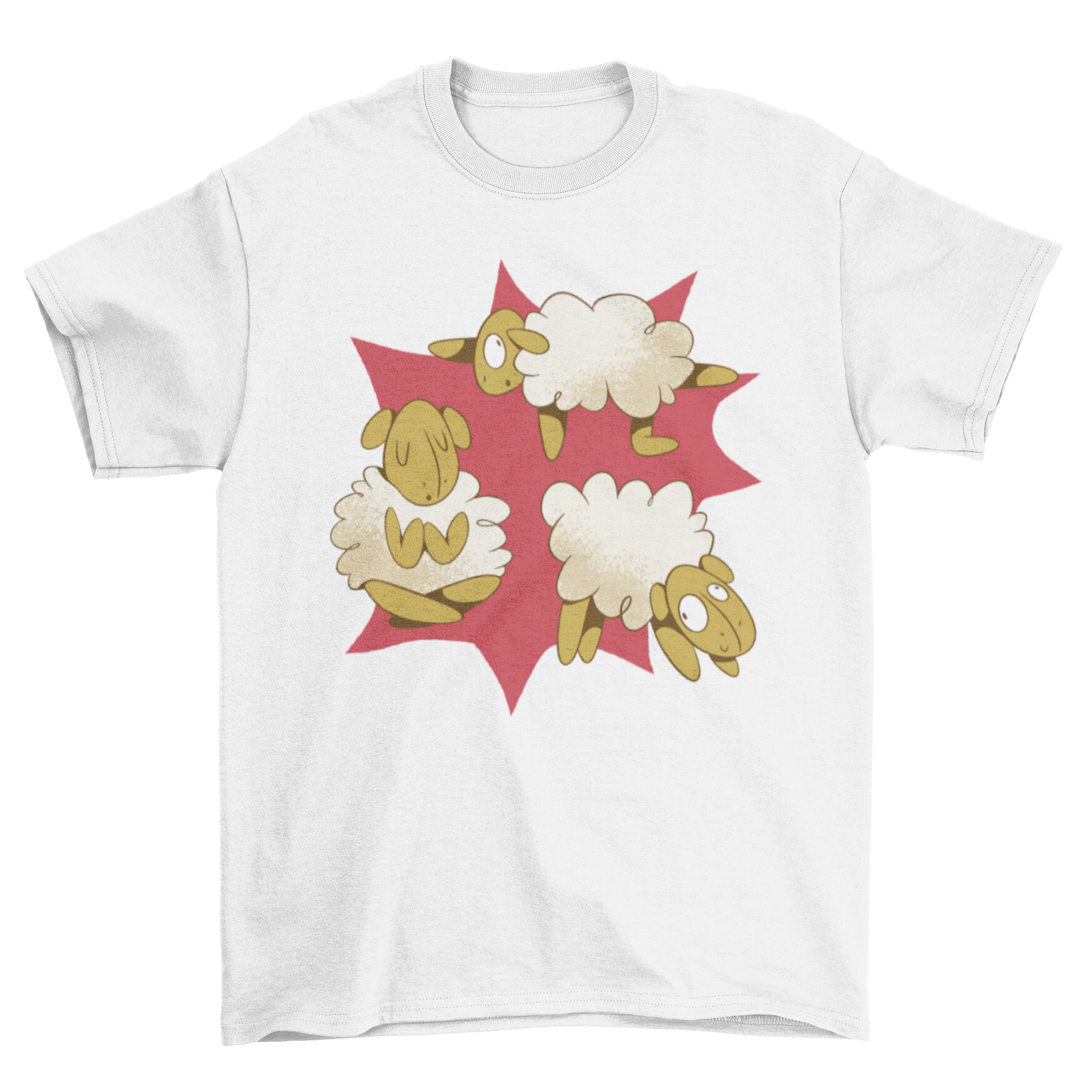 A playful Yoga Sheep T-Shirt featuring cartoon sheep in various yoga poses, perfect for yoga lovers.