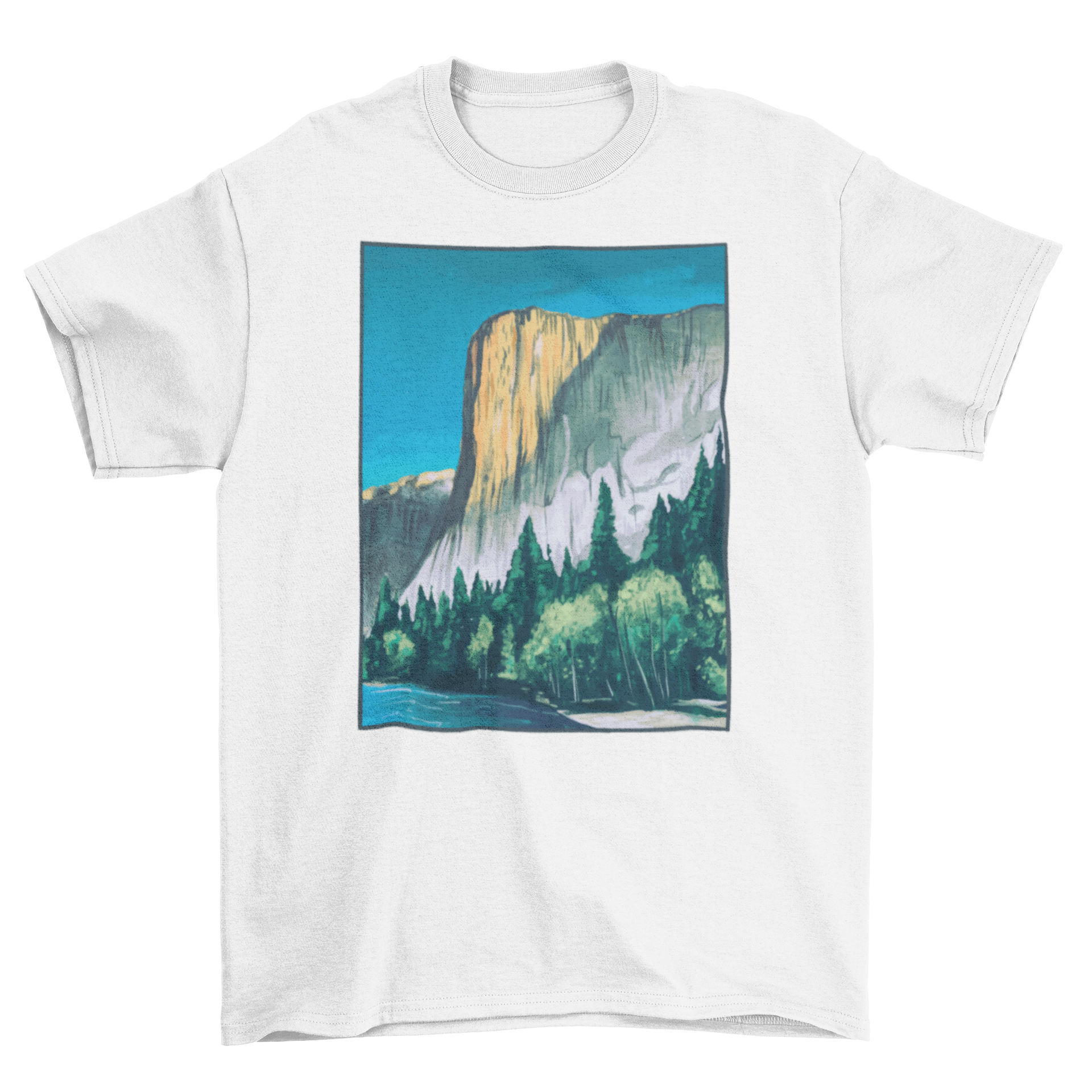 A soft t-shirt featuring a vibrant painting of Yosemite National Park's landscape, showcasing mountains and trees.