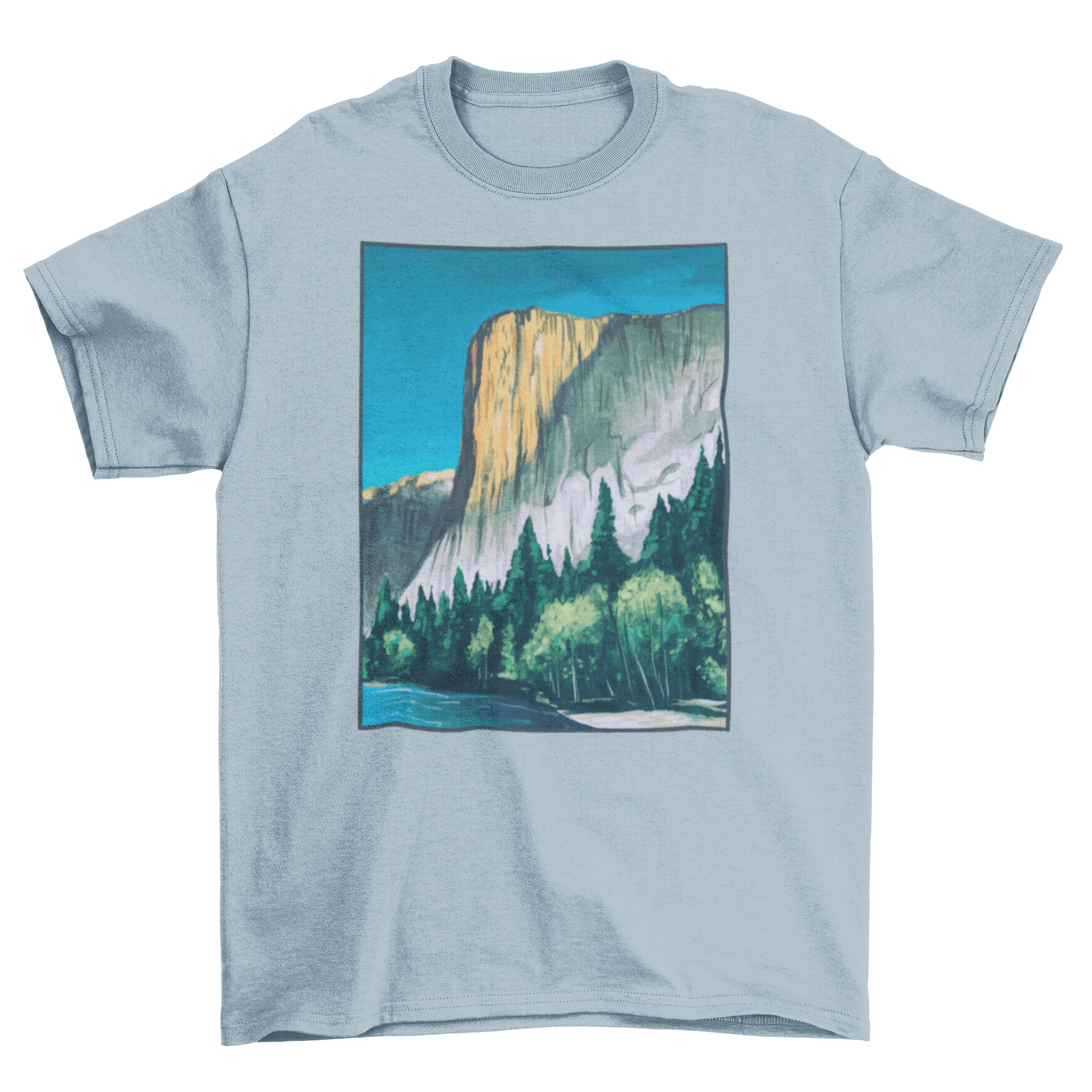 A soft t-shirt featuring a vibrant painting of Yosemite National Park's landscape, showcasing mountains and trees.