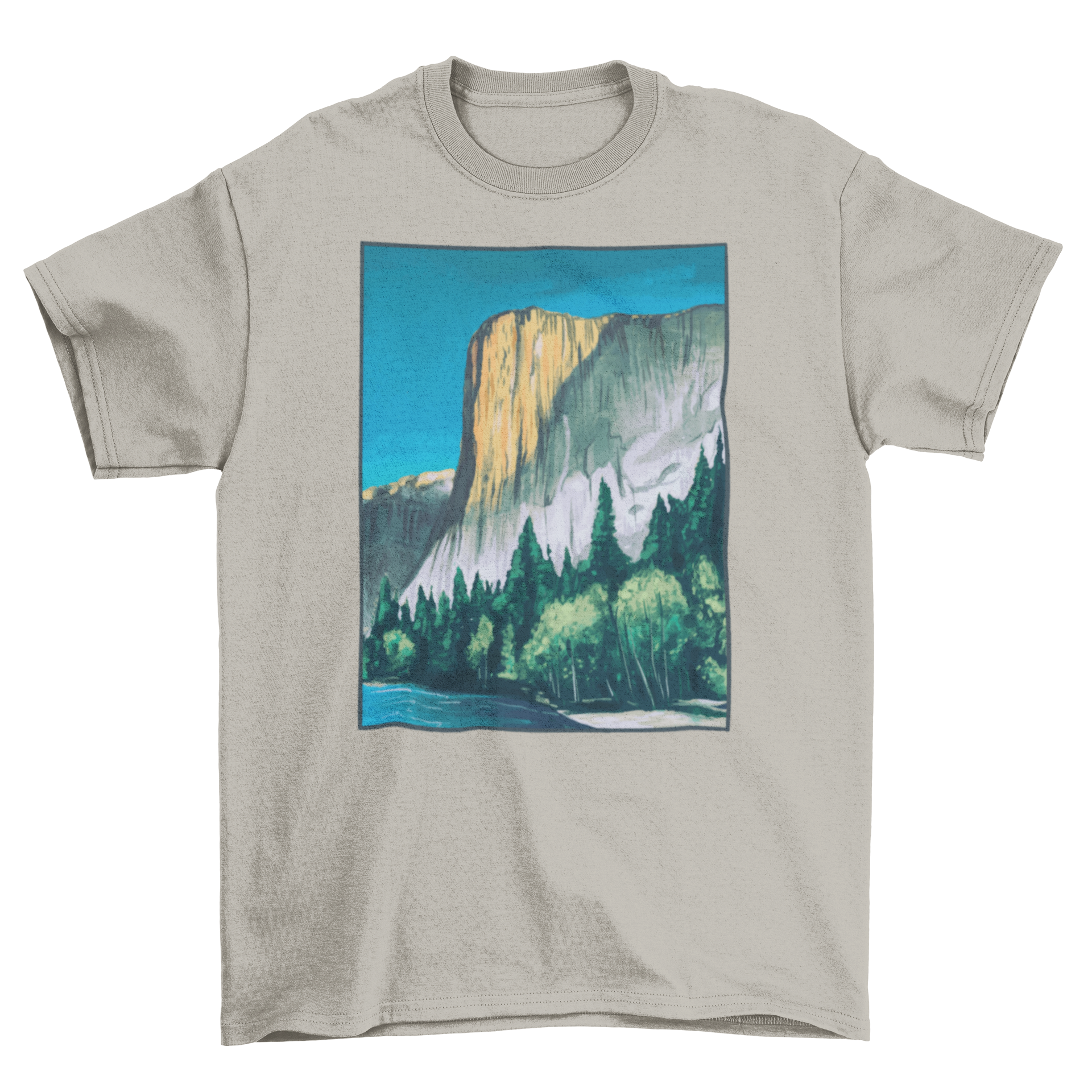 A soft t-shirt featuring a vibrant painting of Yosemite National Park's landscape, showcasing mountains and trees.
