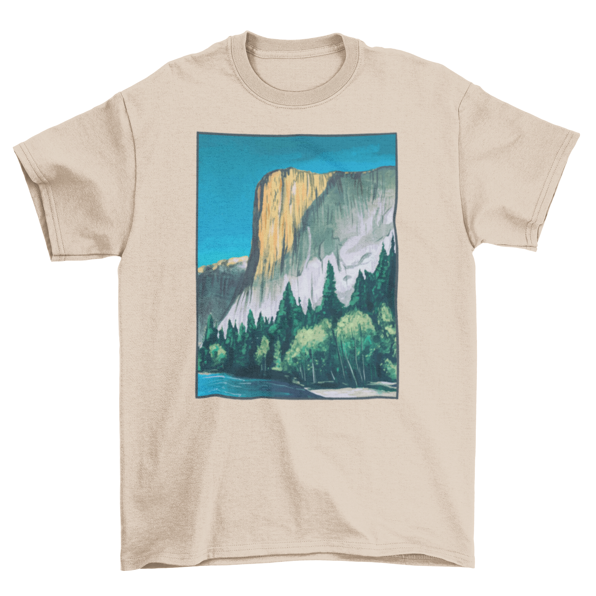 A soft t-shirt featuring a vibrant painting of Yosemite National Park's landscape, showcasing mountains and trees.