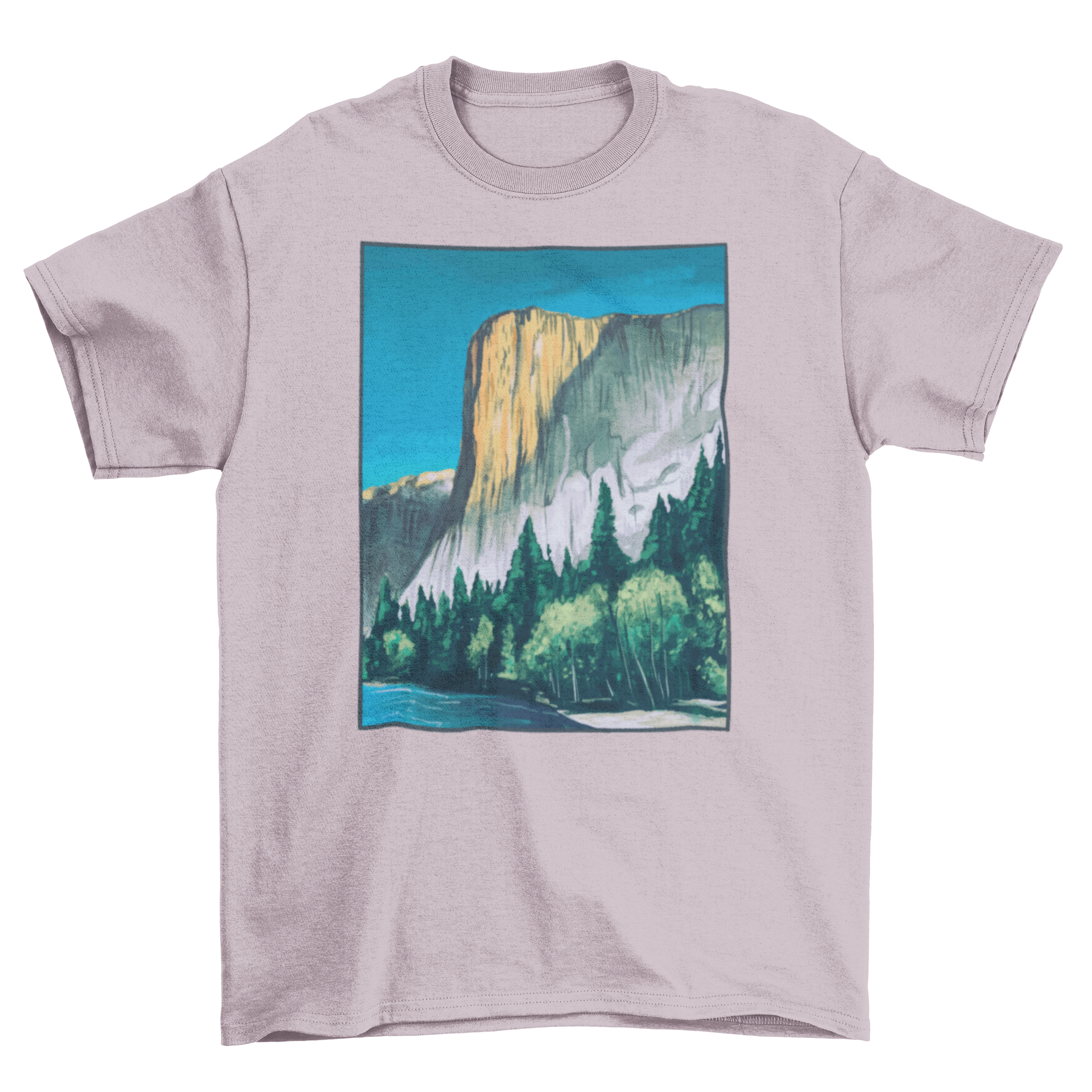 A soft t-shirt featuring a vibrant painting of Yosemite National Park's landscape, showcasing mountains and trees.
