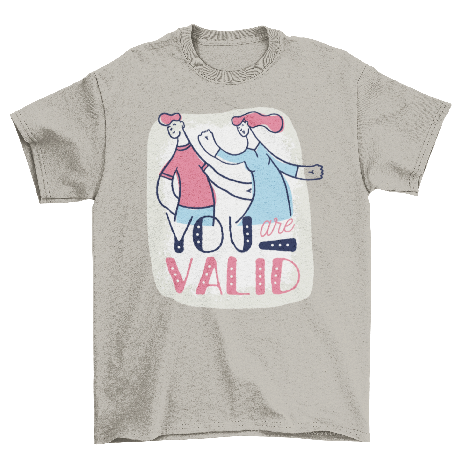 A motivational t-shirt featuring the phrase 'You Are Valid' with two dancing figures illustrated in a vibrant design.