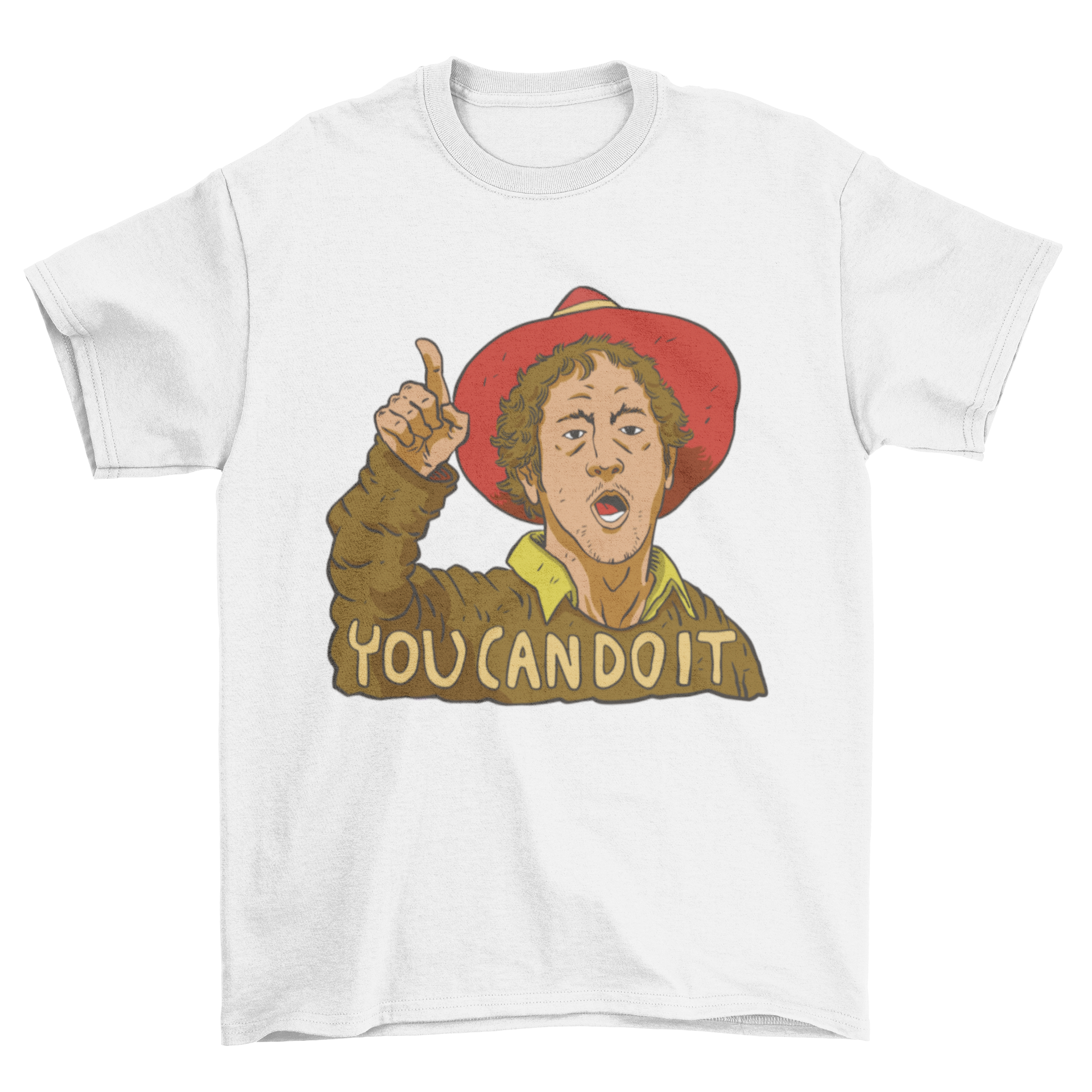 A motivational t-shirt featuring a man raising his finger with the quote 'You can do it' printed on it.