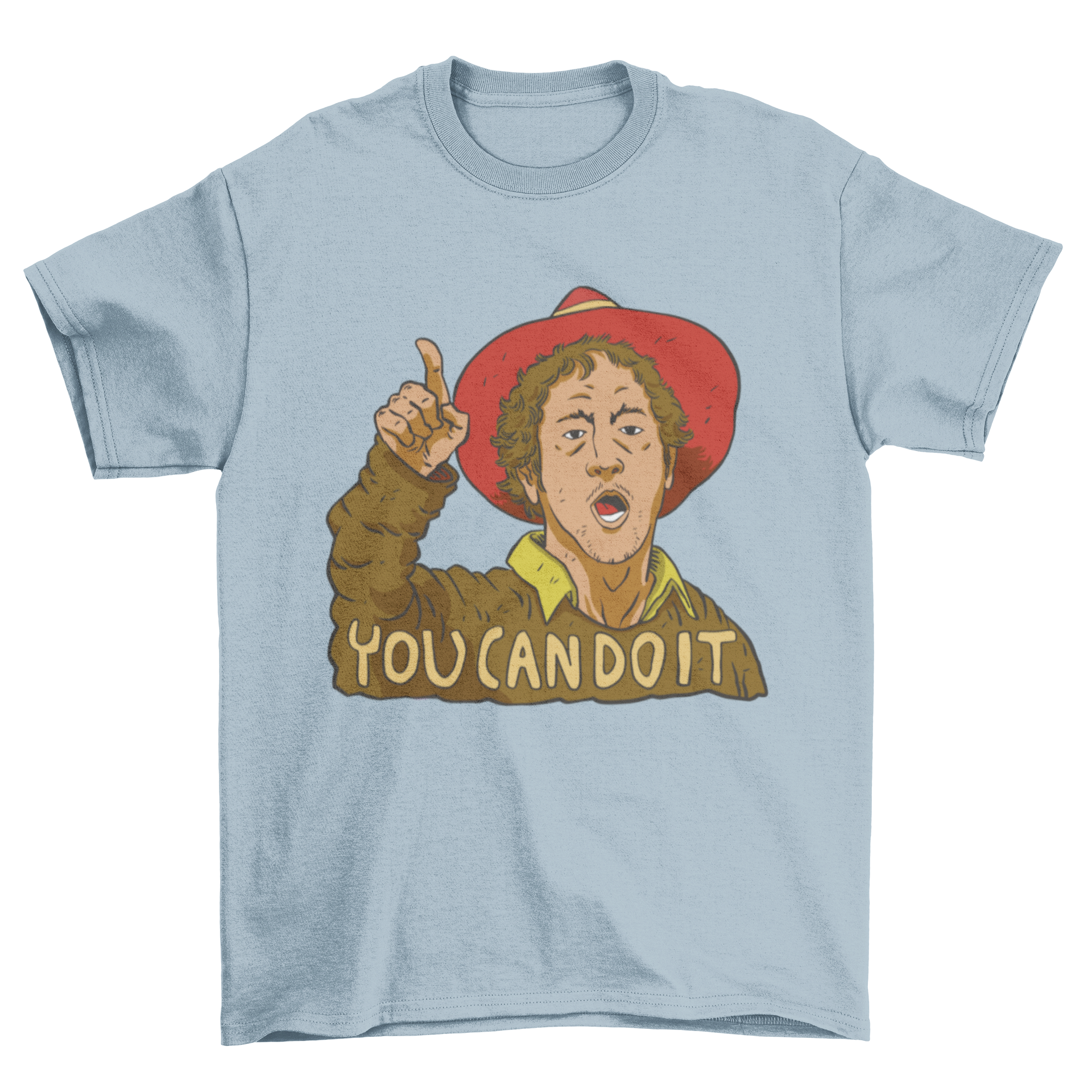 A motivational t-shirt featuring a man raising his finger with the quote 'You can do it' printed on it.