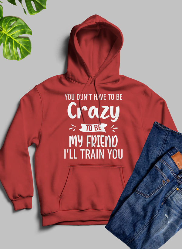 A cozy hoodie featuring the phrase 'You Don't Have To Be Crazy To Be My Friend', designed with a warm fleece blend and adjustable hood.