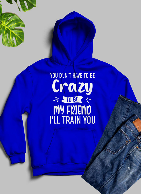 A cozy hoodie featuring the phrase 'You Don't Have To Be Crazy To Be My Friend', designed with a warm fleece blend and adjustable hood.