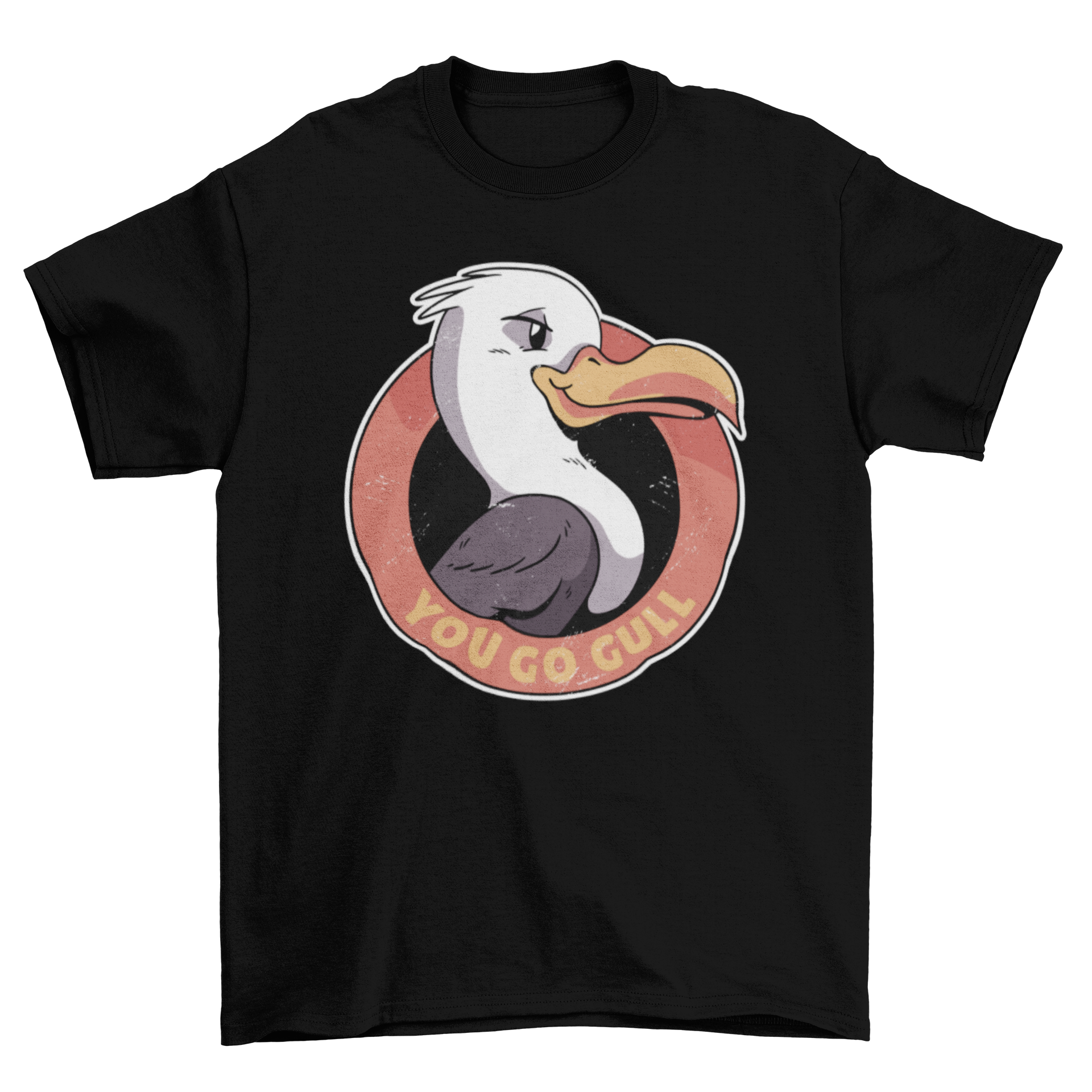 You Go Gull t-shirt featuring a cartoon seagull with a cool expression inside an orange circle.