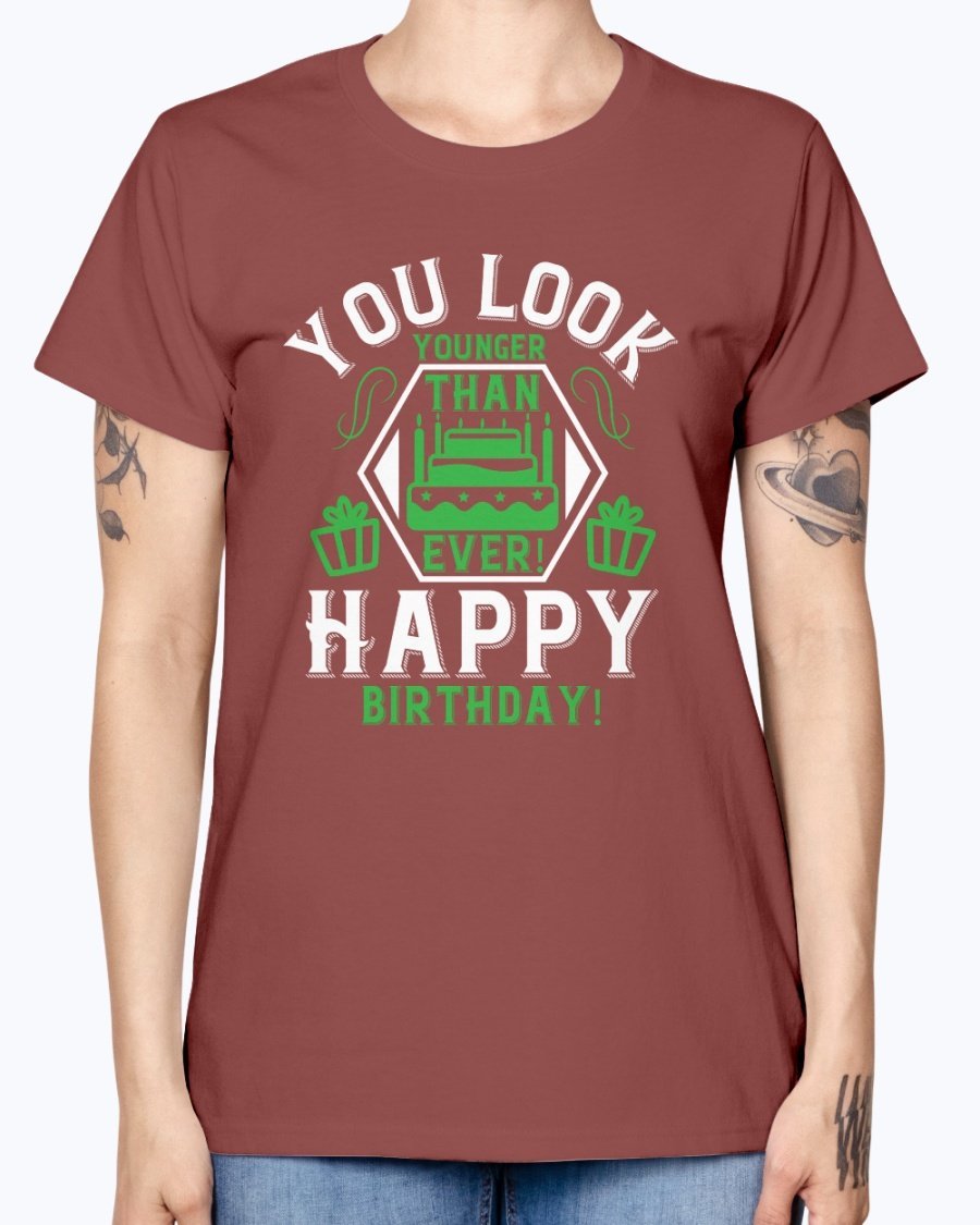 A stylish Missy T-Shirt with the text 'You Look Younger Than Ever! Happy Birthday!' printed on it, showcasing a feminine fit and cap sleeves.