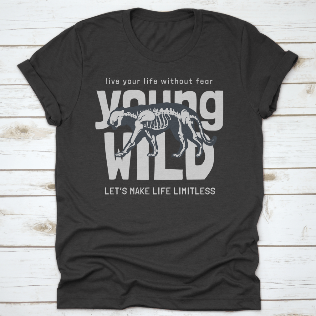 Young Wild Slogan T-shirt featuring a striking tiger skeleton design on a soft cotton fabric, perfect for casual wear.