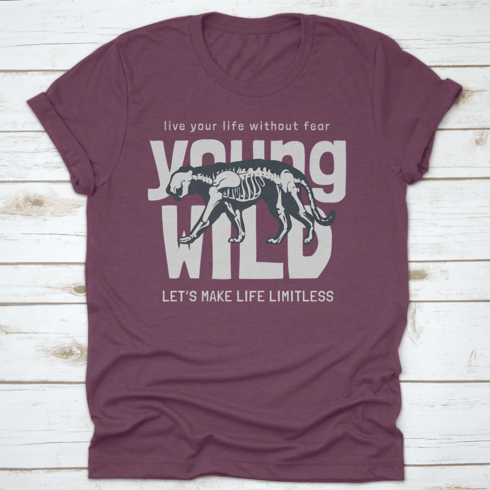 Young Wild Slogan T-shirt featuring a striking tiger skeleton design on a soft cotton fabric, perfect for casual wear.