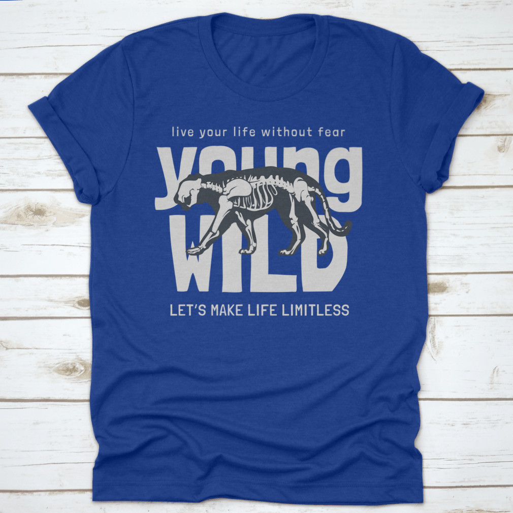 Young Wild Slogan T-shirt featuring a striking tiger skeleton design on a soft cotton fabric, perfect for casual wear.