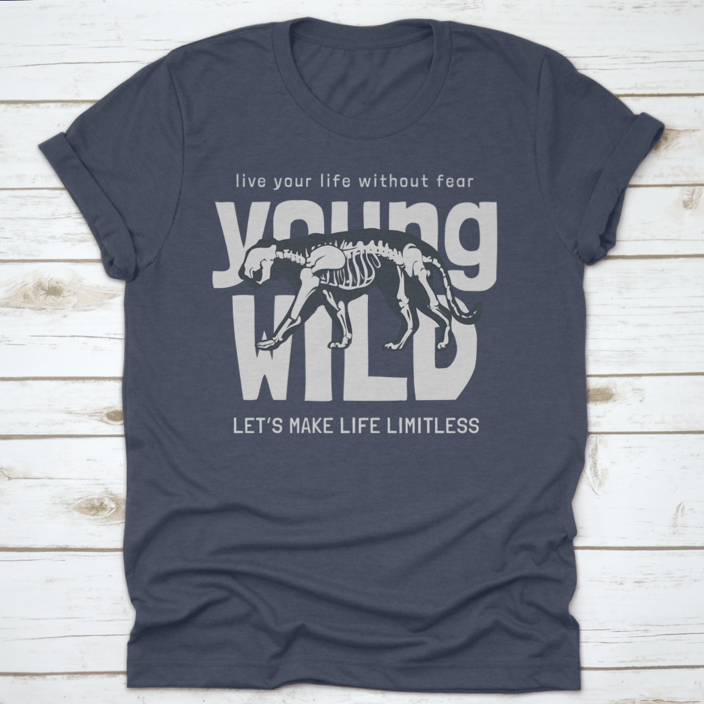 Young Wild Slogan T-shirt featuring a striking tiger skeleton design on a soft cotton fabric, perfect for casual wear.