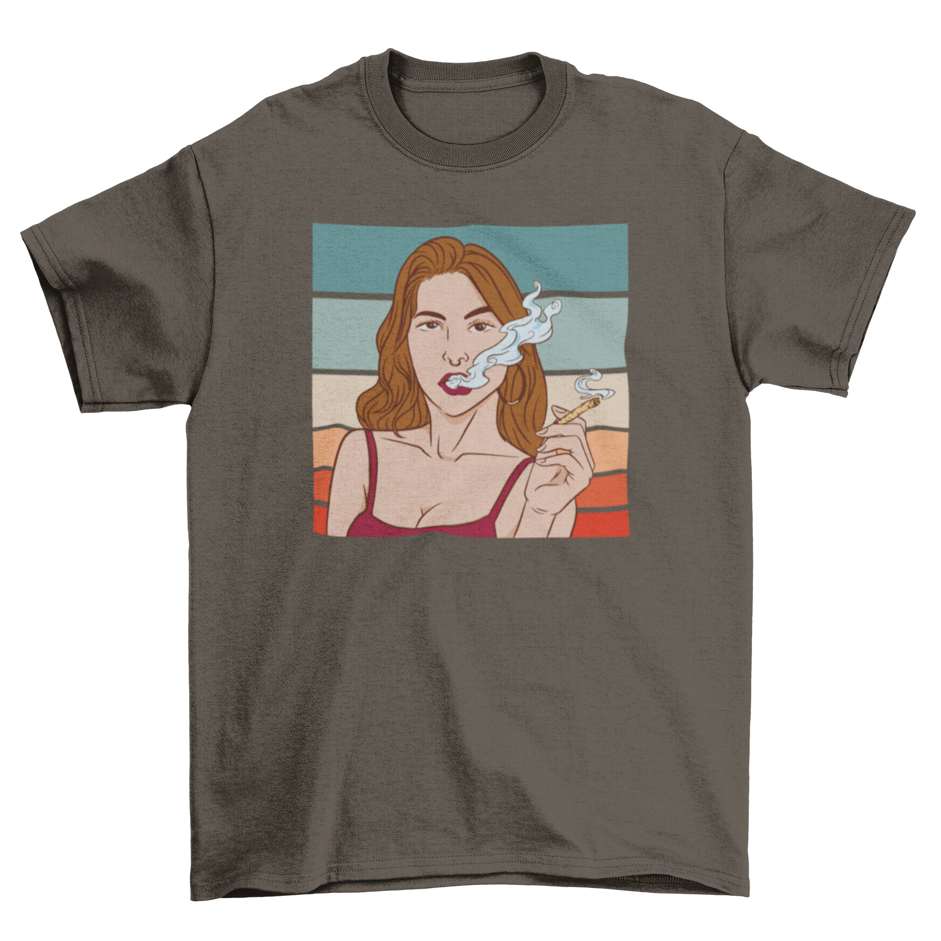 A stylish t-shirt featuring a young woman smoking weed, showcasing a vibrant and trendy design.
