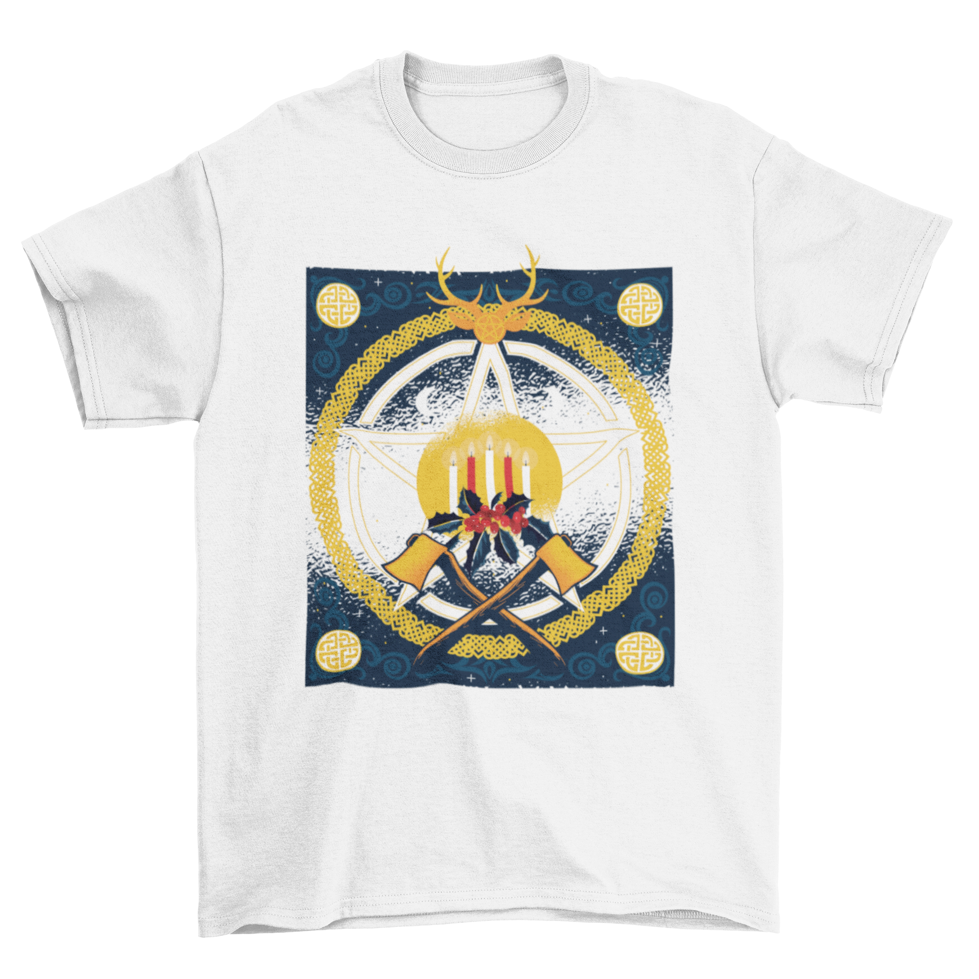 Yule Holidays T-shirt Design featuring candles, star antlers, and mistletoe in a festive layout.