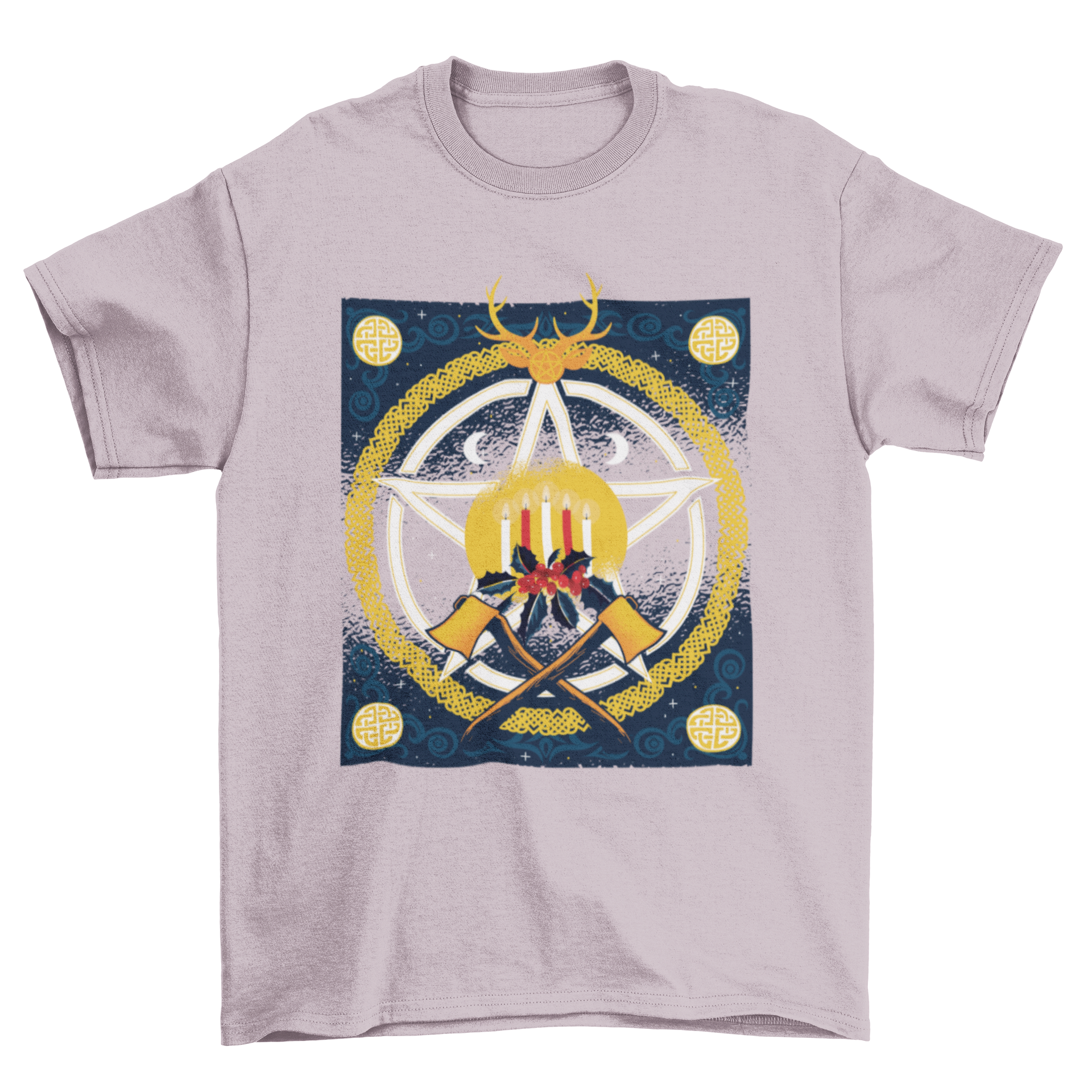 Yule Holidays T-shirt Design featuring candles, star antlers, and mistletoe in a festive layout.