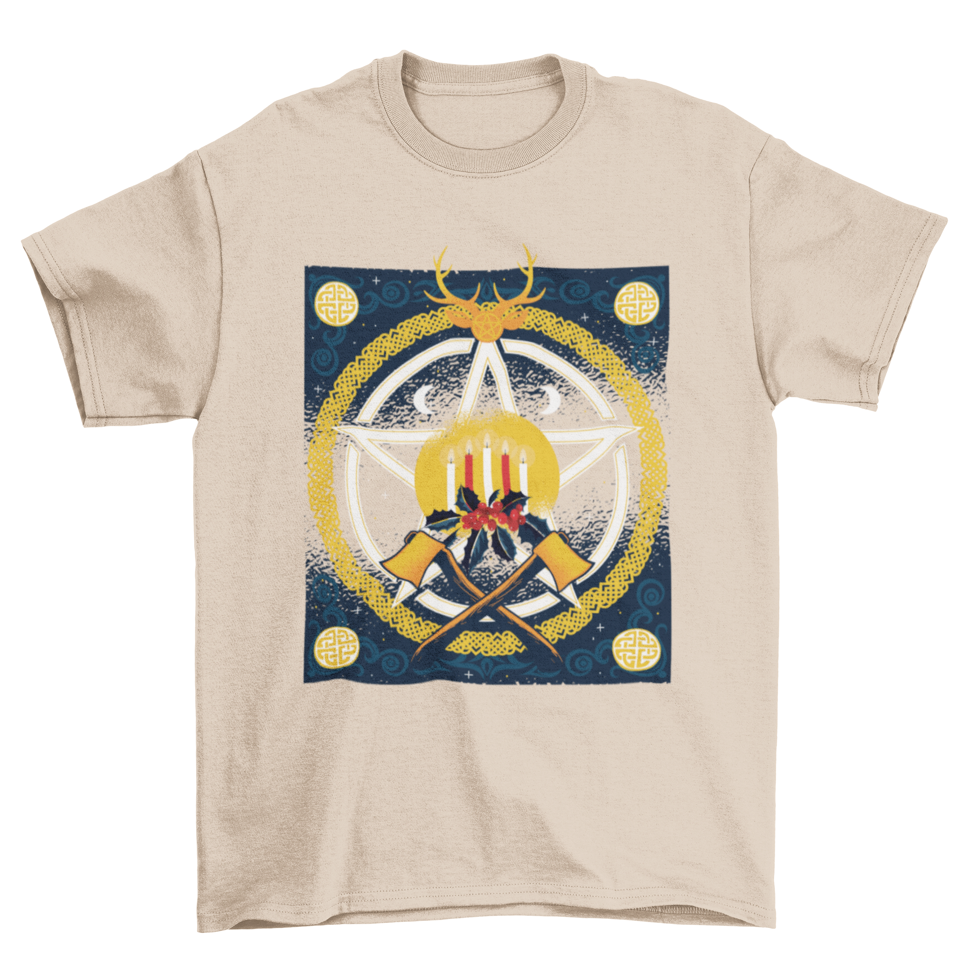 Yule Holidays T-shirt Design featuring candles, star antlers, and mistletoe in a festive layout.