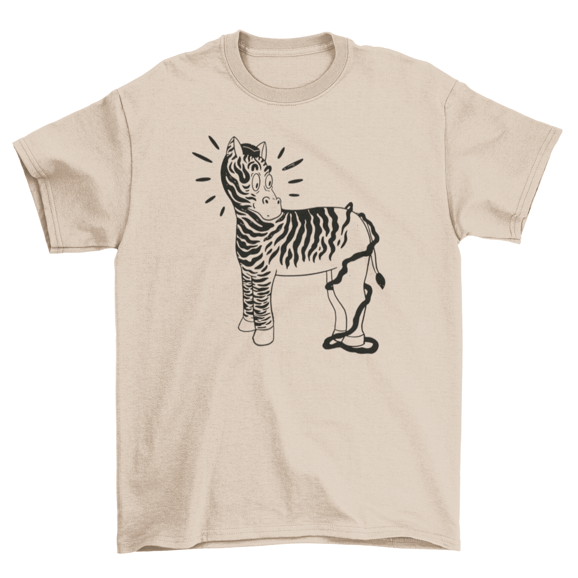 A playful cartoon-style zebra printed on a soft t-shirt, showcasing a fun and whimsical design.