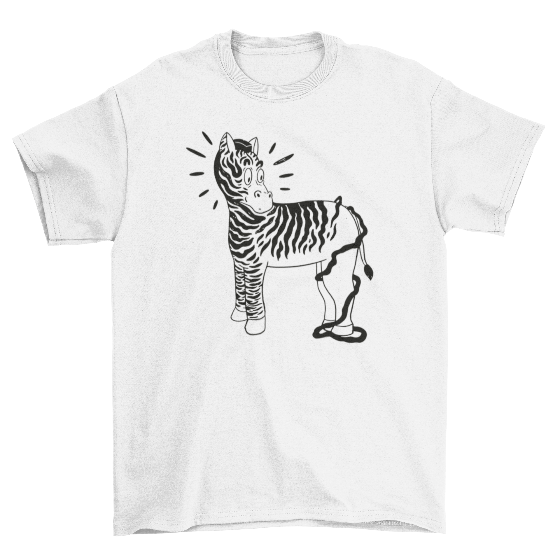 A playful cartoon-style zebra printed on a soft t-shirt, showcasing a fun and whimsical design.