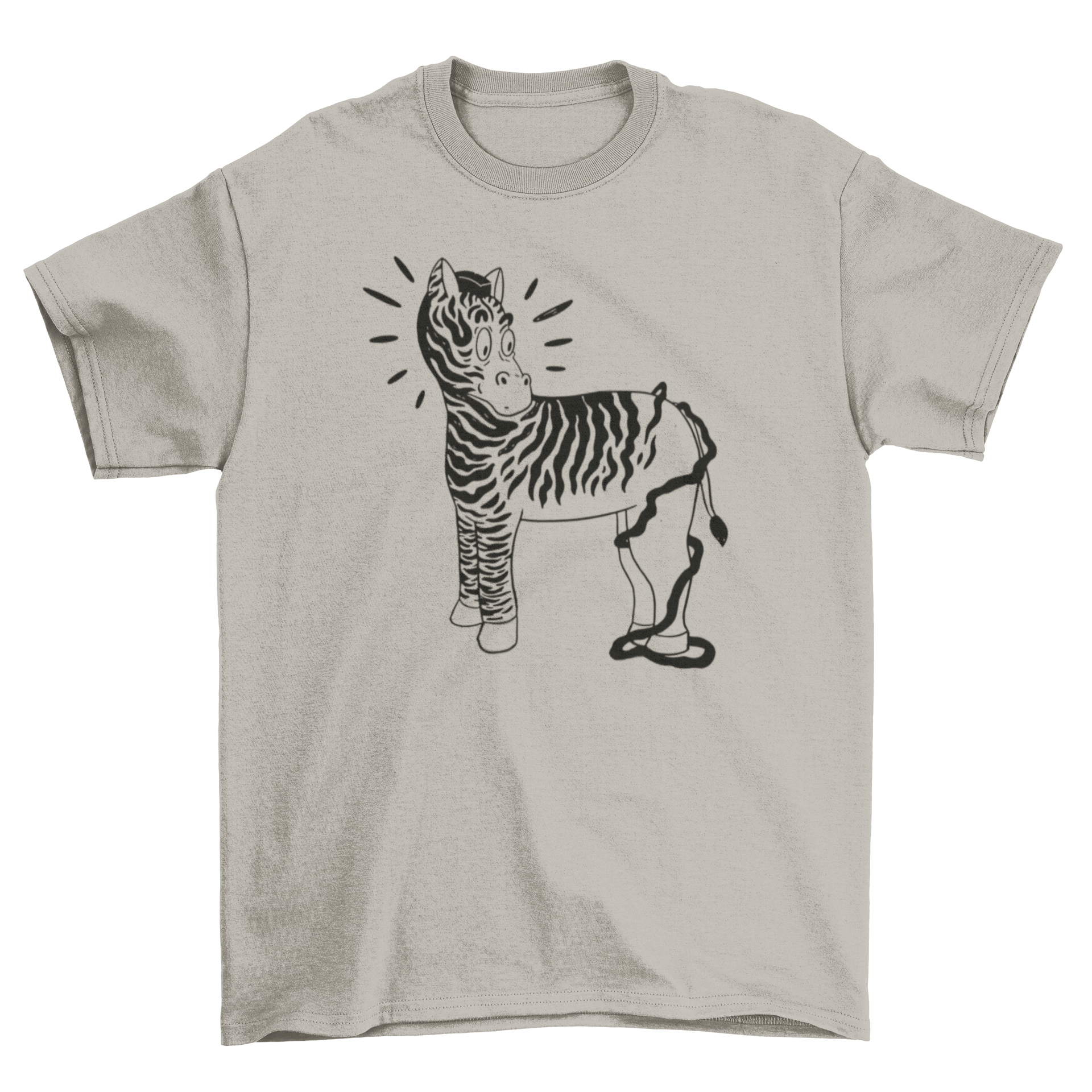 A playful cartoon-style zebra printed on a soft t-shirt, showcasing a fun and whimsical design.