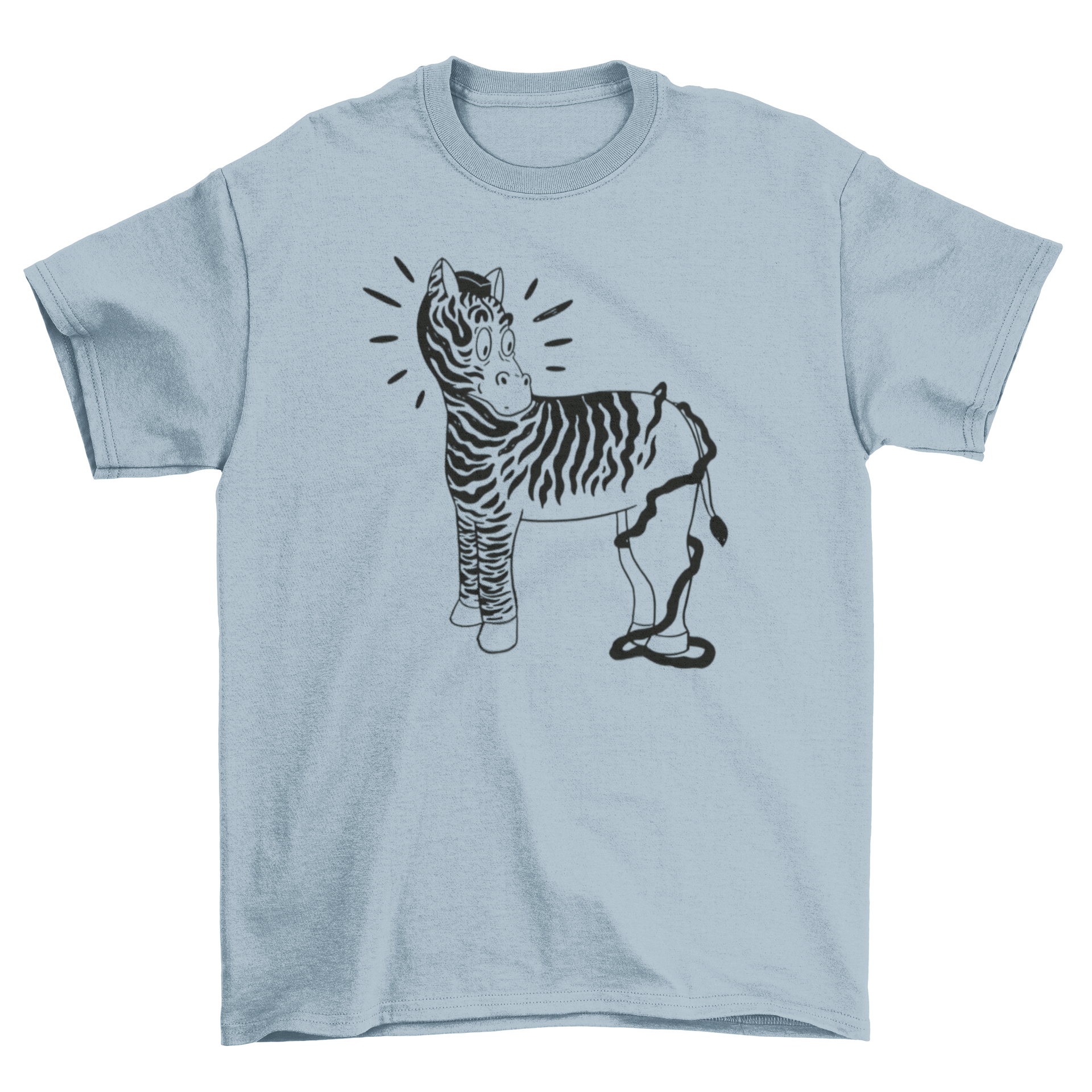 A playful cartoon-style zebra printed on a soft t-shirt, showcasing a fun and whimsical design.