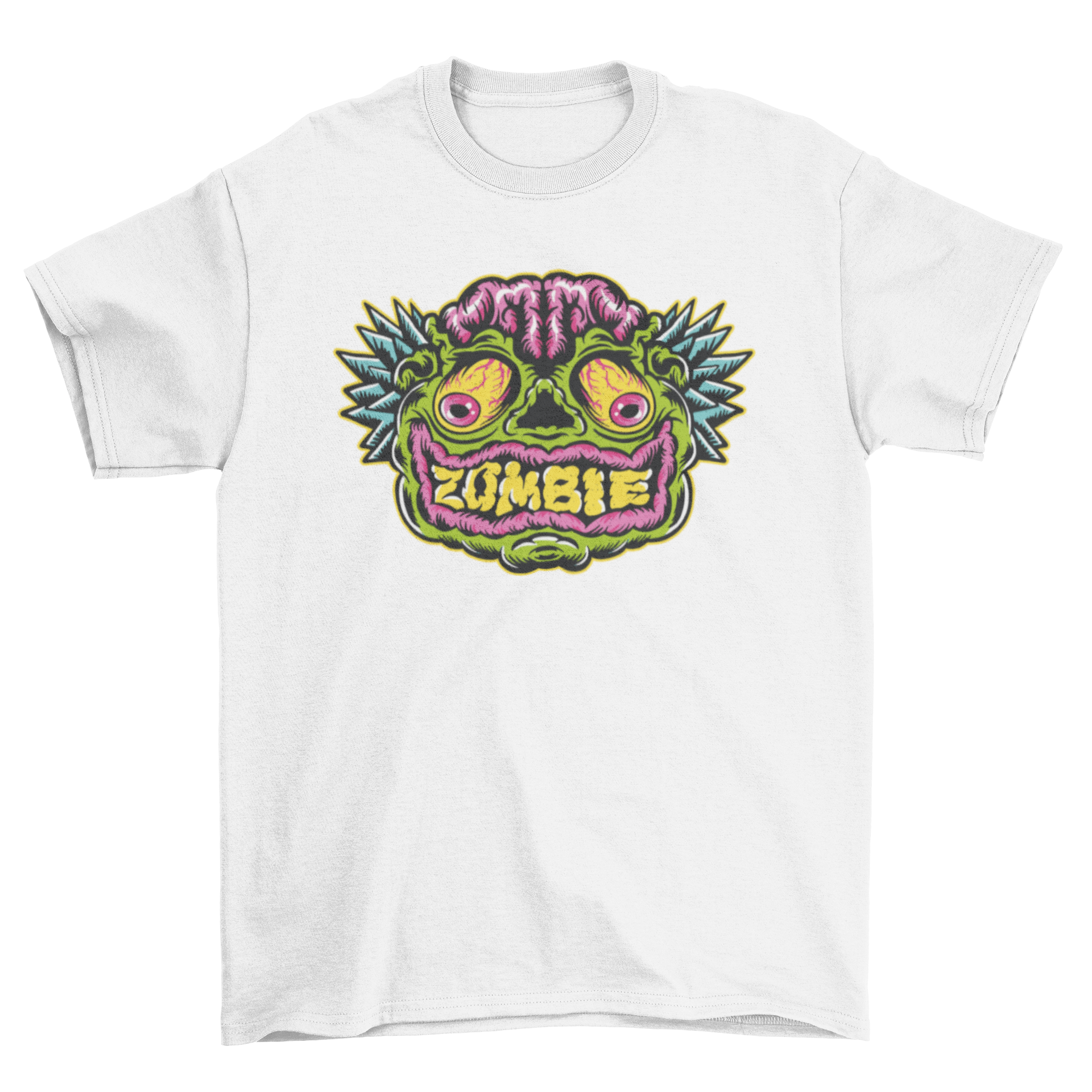 A vibrant cartoon-style t-shirt featuring a spooky zombie face, perfect for Halloween celebrations.