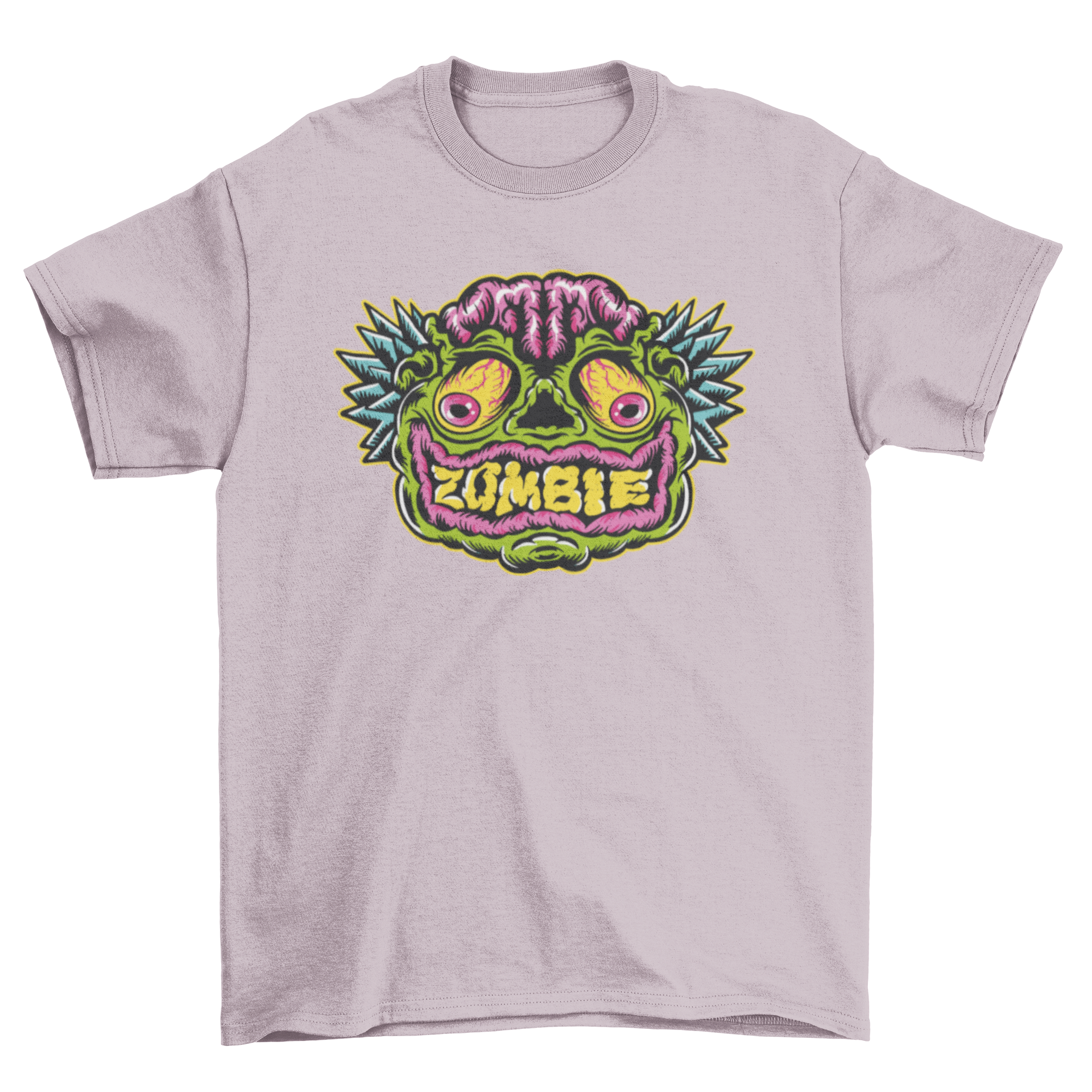 A vibrant cartoon-style t-shirt featuring a spooky zombie face, perfect for Halloween celebrations.