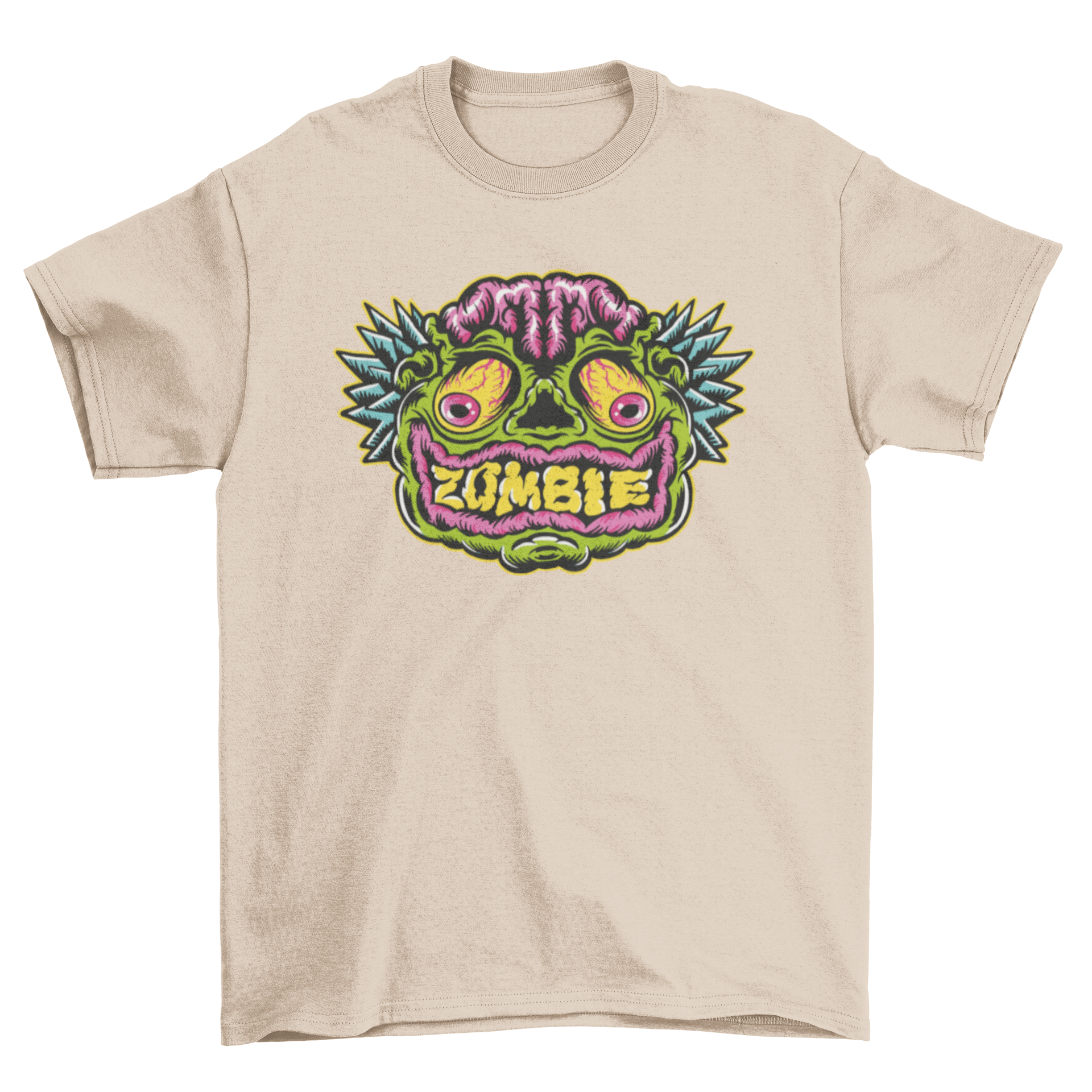 A vibrant cartoon-style t-shirt featuring a spooky zombie face, perfect for Halloween celebrations.