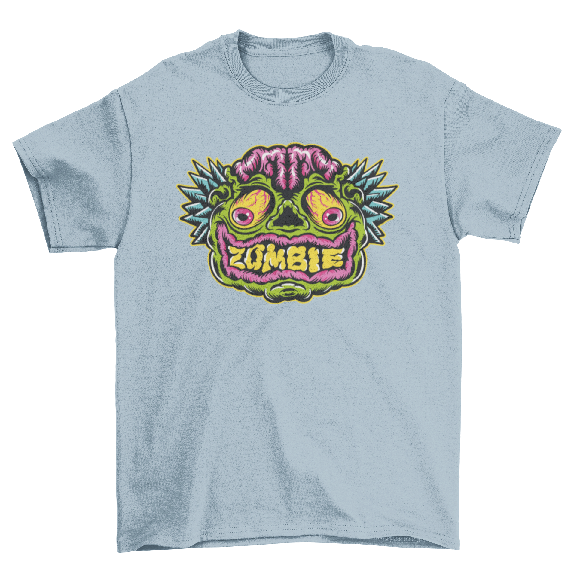 A vibrant cartoon-style t-shirt featuring a spooky zombie face, perfect for Halloween celebrations.