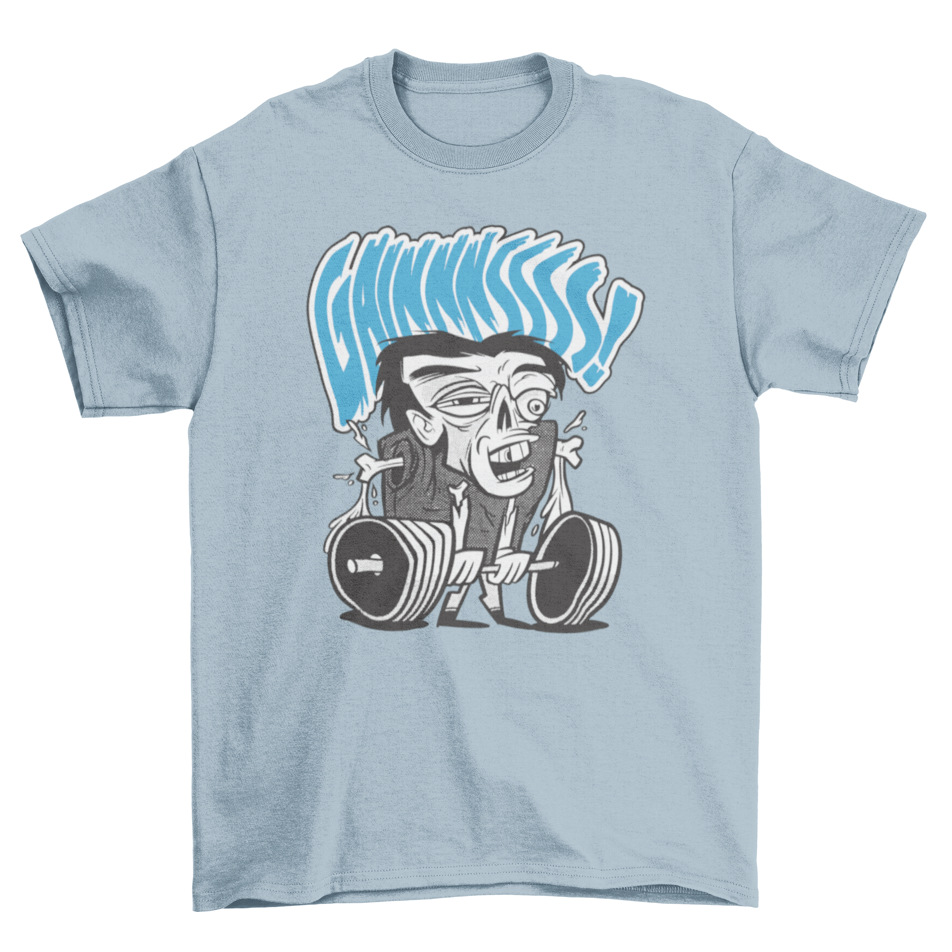 A fun t-shirt featuring a cartoon zombie lifting weights, showcasing a unique design for fitness enthusiasts.
