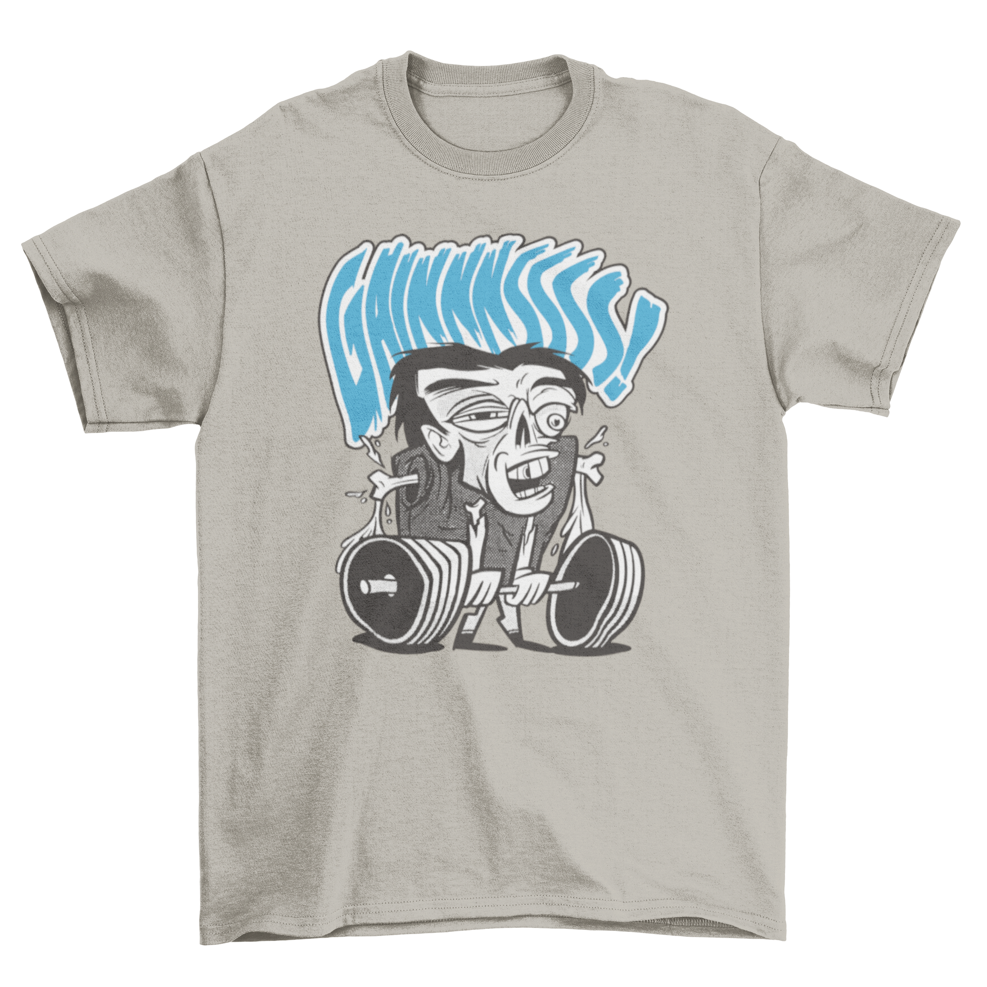 A fun t-shirt featuring a cartoon zombie lifting weights, showcasing a unique design for fitness enthusiasts.
