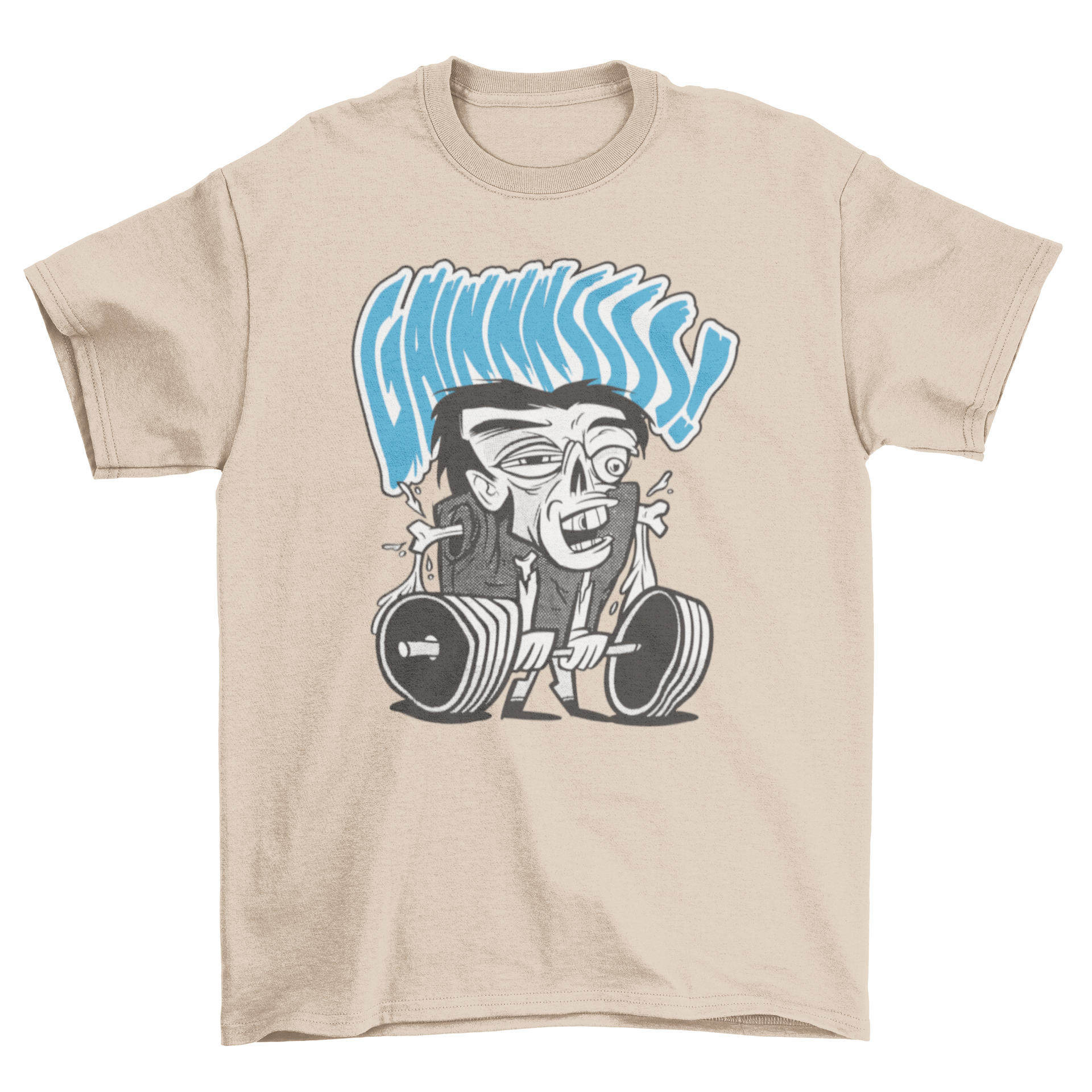 A fun t-shirt featuring a cartoon zombie lifting weights, showcasing a unique design for fitness enthusiasts.
