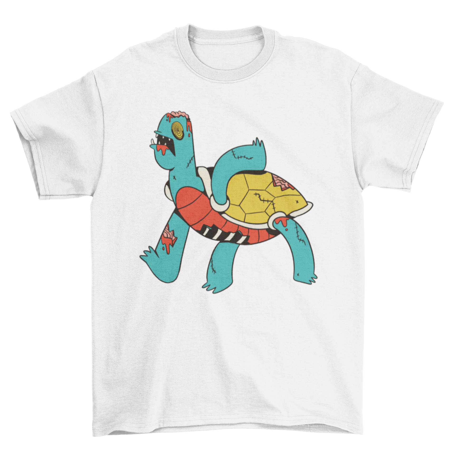 A stylish t-shirt featuring a vibrant illustration of a zombie turtle, showcasing its unique design.