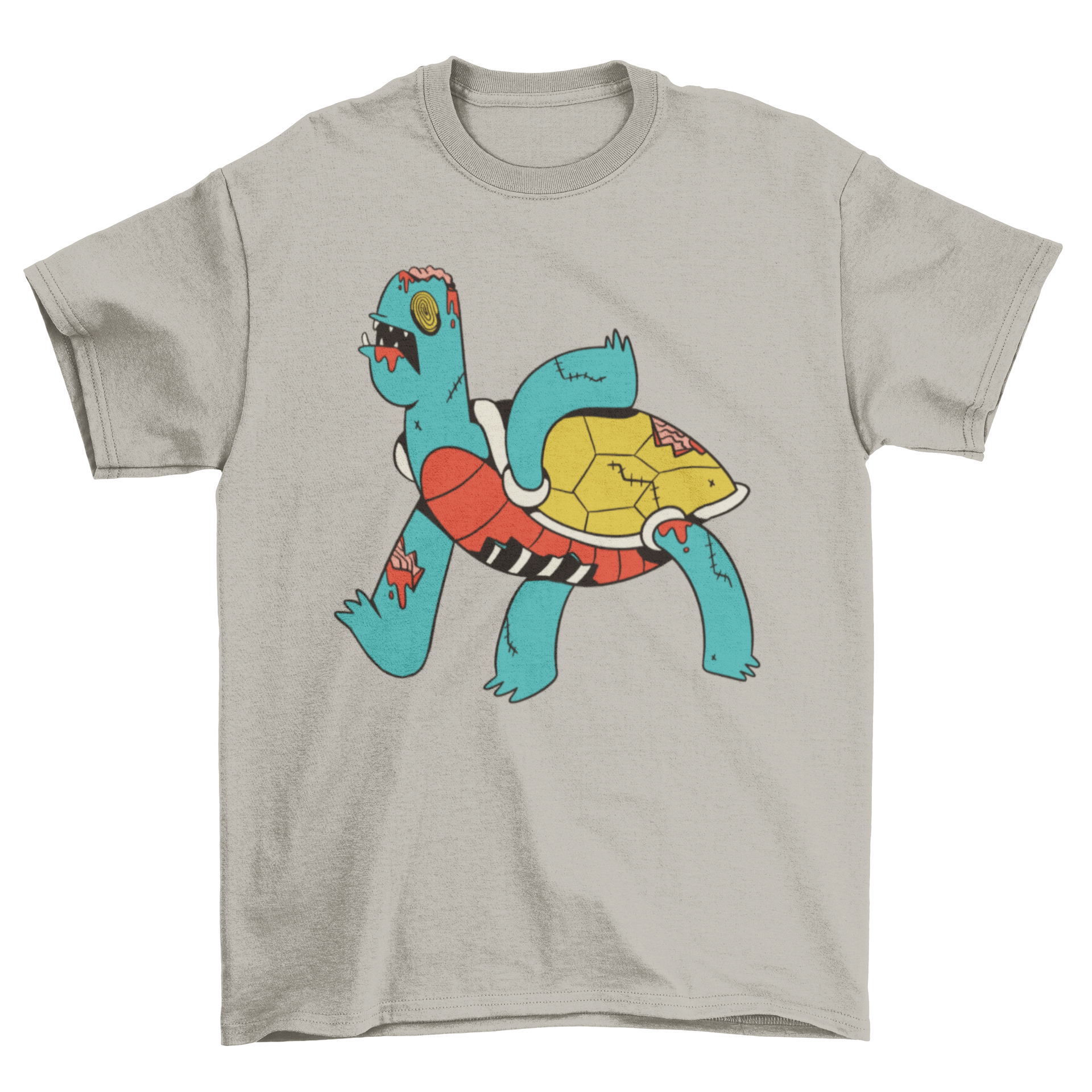 A stylish t-shirt featuring a vibrant illustration of a zombie turtle, showcasing its unique design.