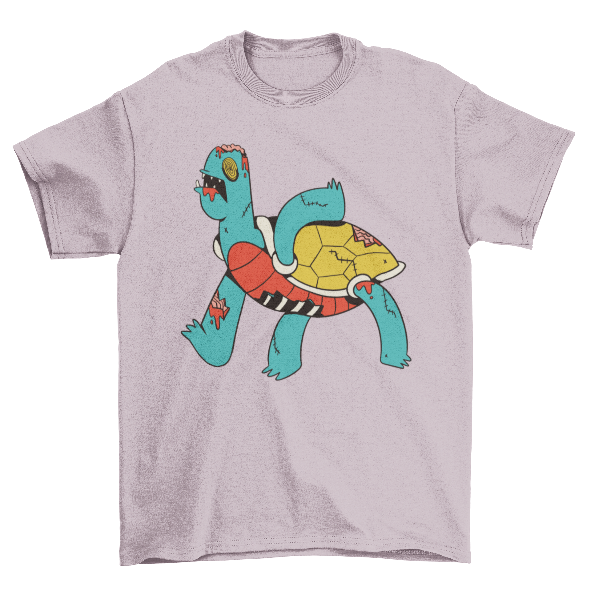 A stylish t-shirt featuring a vibrant illustration of a zombie turtle, showcasing its unique design.