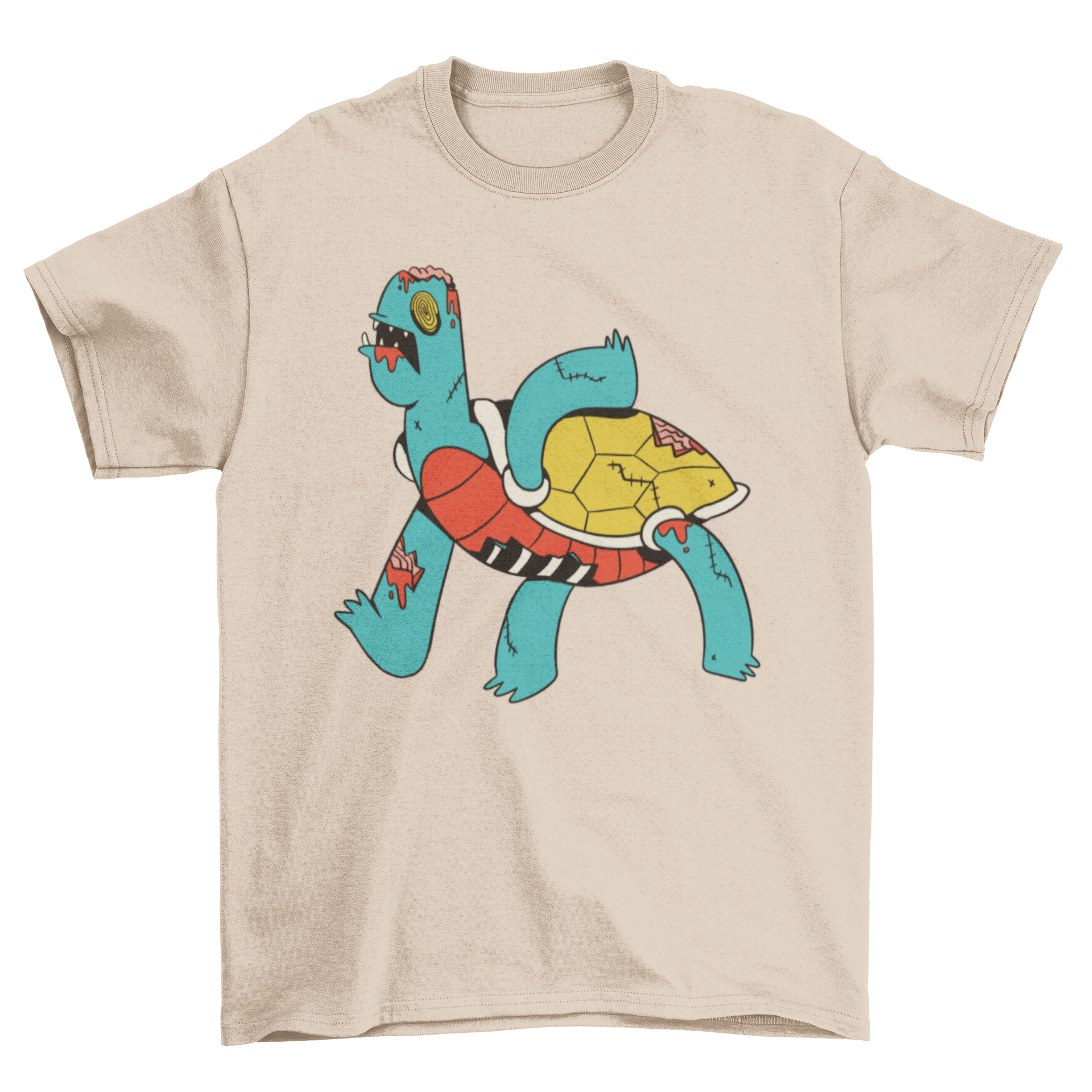 A stylish t-shirt featuring a vibrant illustration of a zombie turtle, showcasing its unique design.